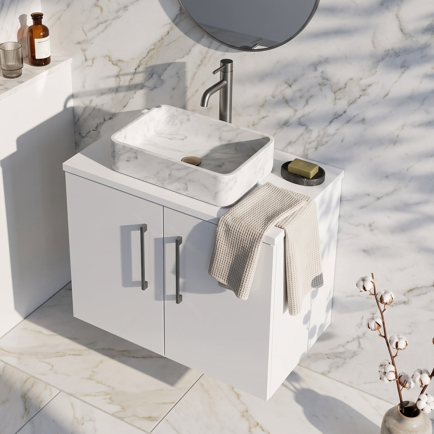 Fairford Aspri Gloss White 600mm 2 Door Wall Hung Vanity Unit with Worktop