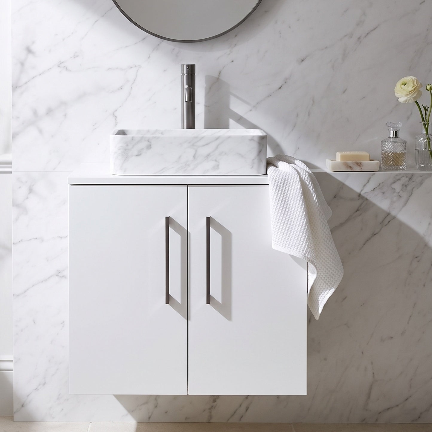 Fairford Aspri Gloss White 600mm 2 Door Wall Hung Vanity Unit with Worktop