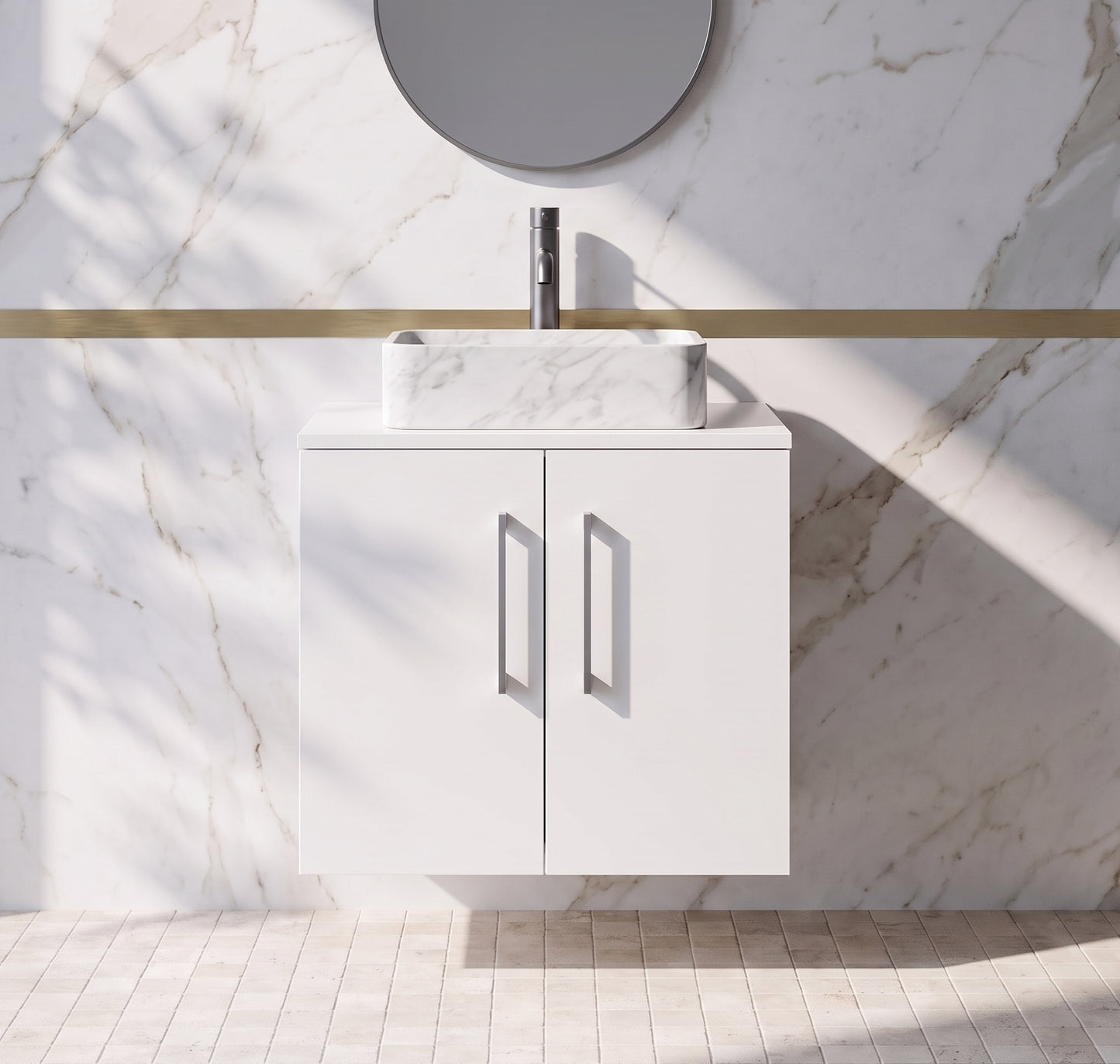 Fairford Aspri Gloss White 600mm 2 Door Wall Hung Vanity Unit with Worktop
