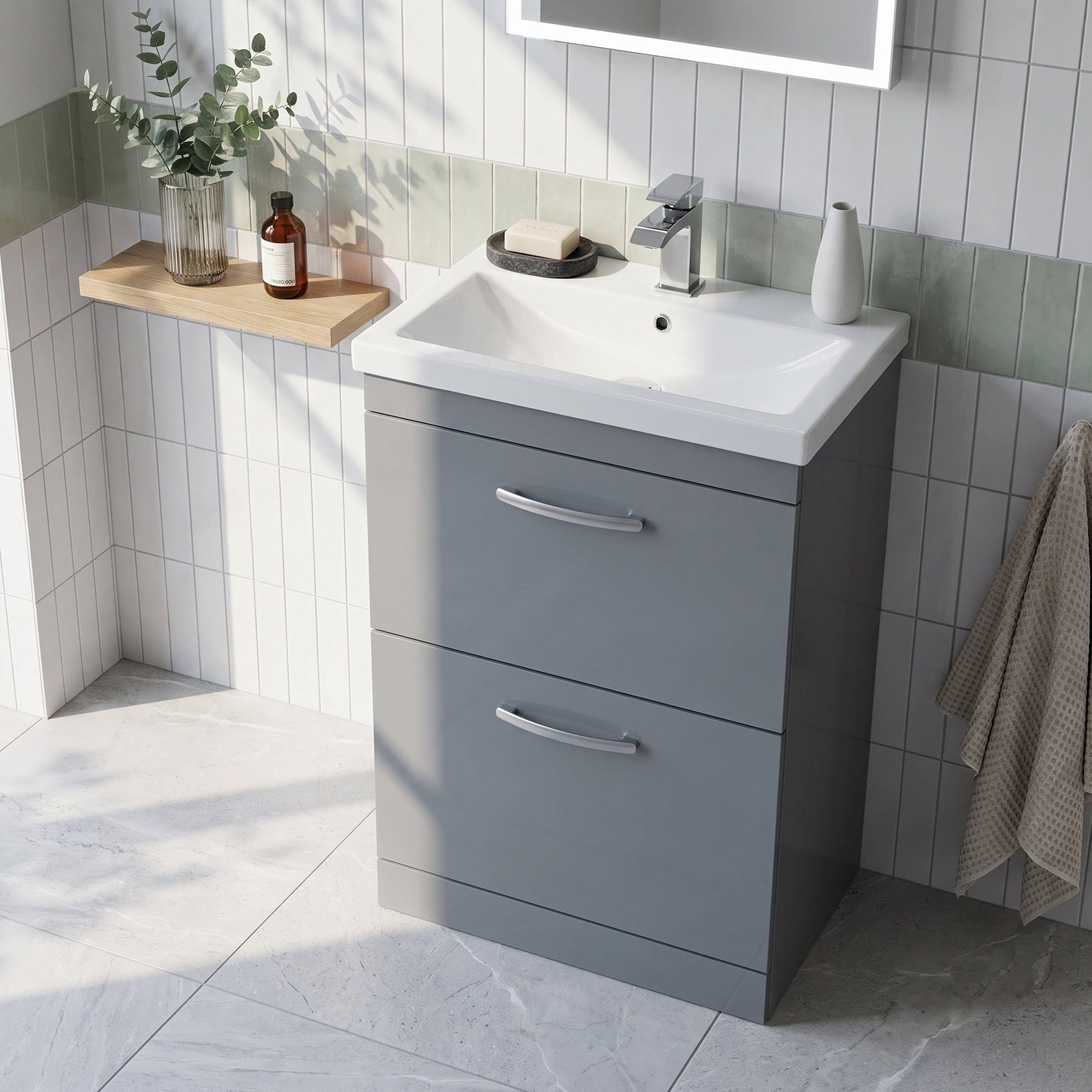 Fairford Carnation 600mm Gloss Grey Floor Standing 2 Drawer Vanity Unit, with Basin