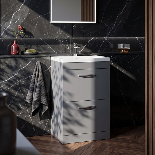 Fairford Carnation 600mm Gloss Grey Floor Standing 2 Drawer Vanity Unit, with Basin
