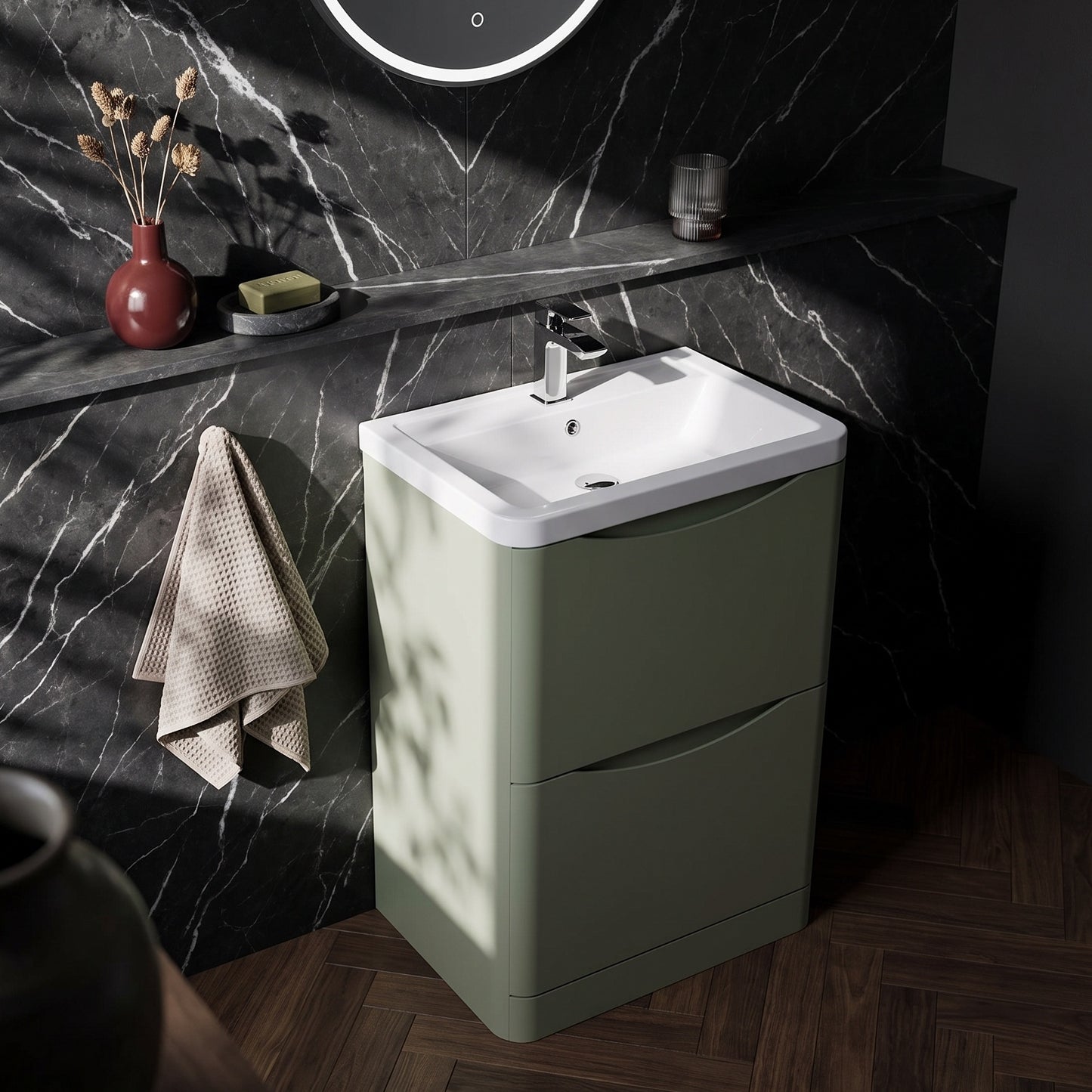 Fairford Eclipse 600mm 2 Drawer Satin Green Floor Standing Vanity Unit