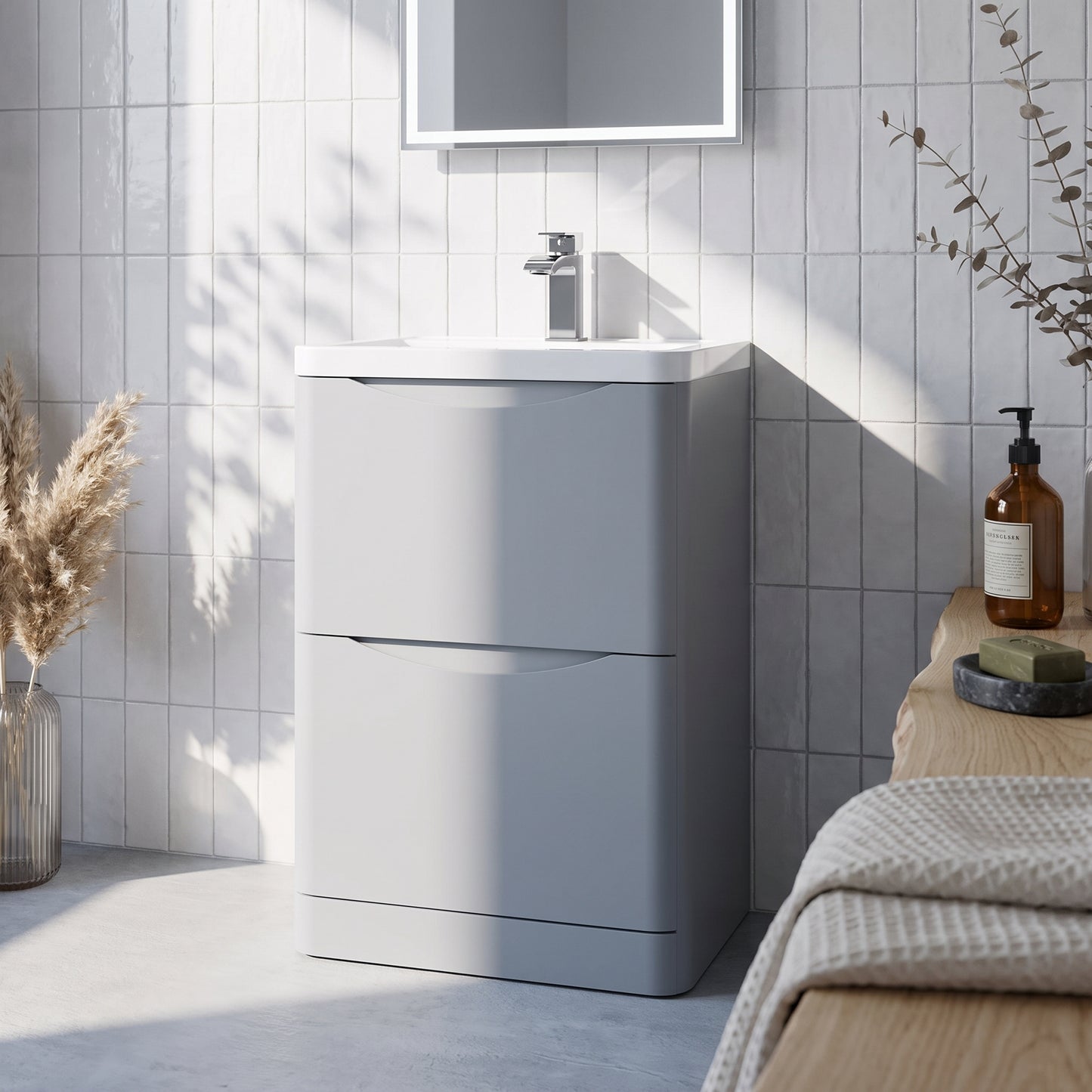 Fairford Eclipse 600mm 2 Drawer Satin Grey Floor Standing Vanity Unit