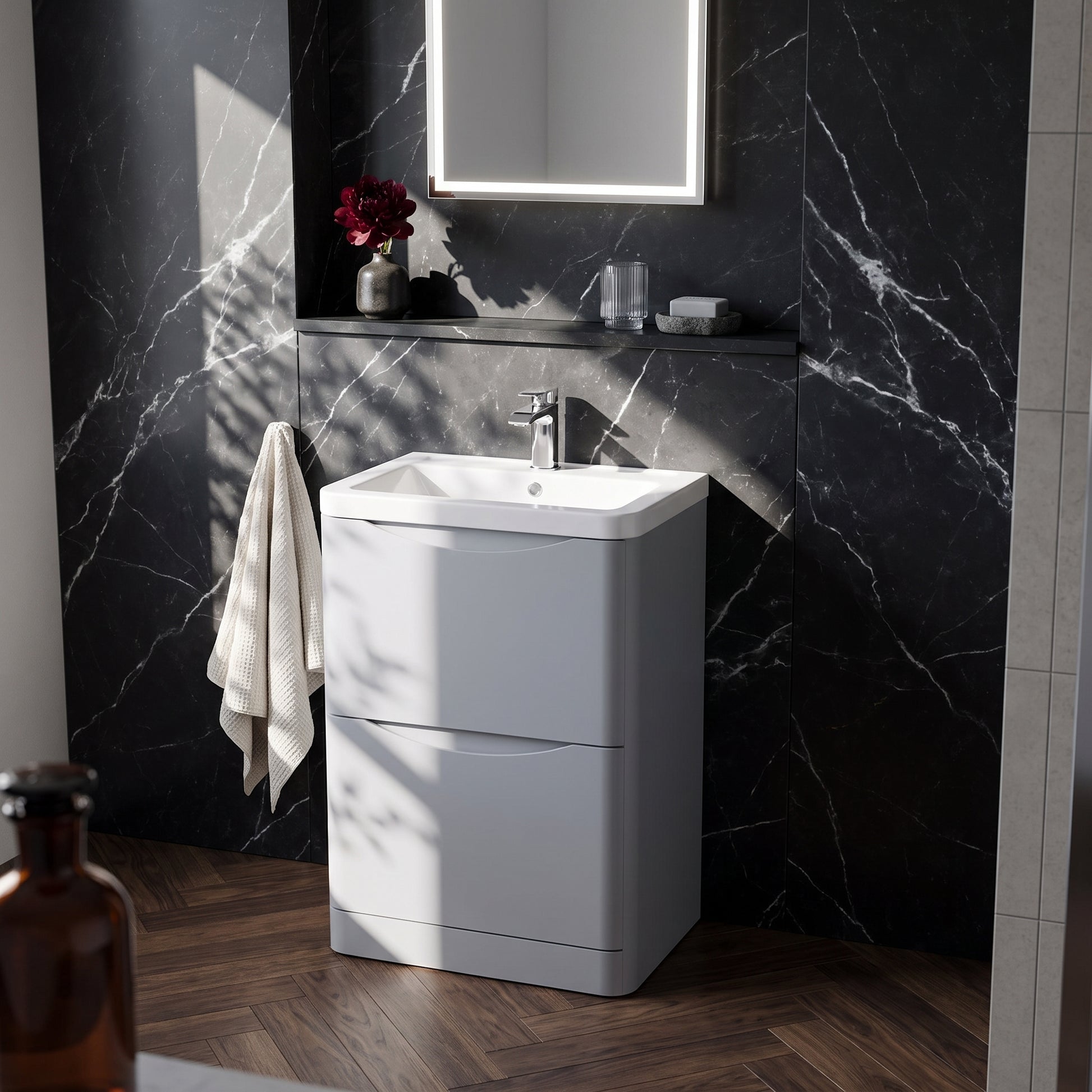 Fairford Eclipse 600mm 2 Drawer Satin Grey Floor Standing Vanity Unit