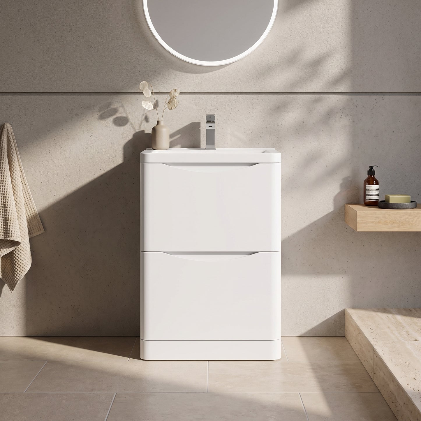 Fairford Eclipse 600mm 2 Drawer Satin White Floor Standing Vanity Unit