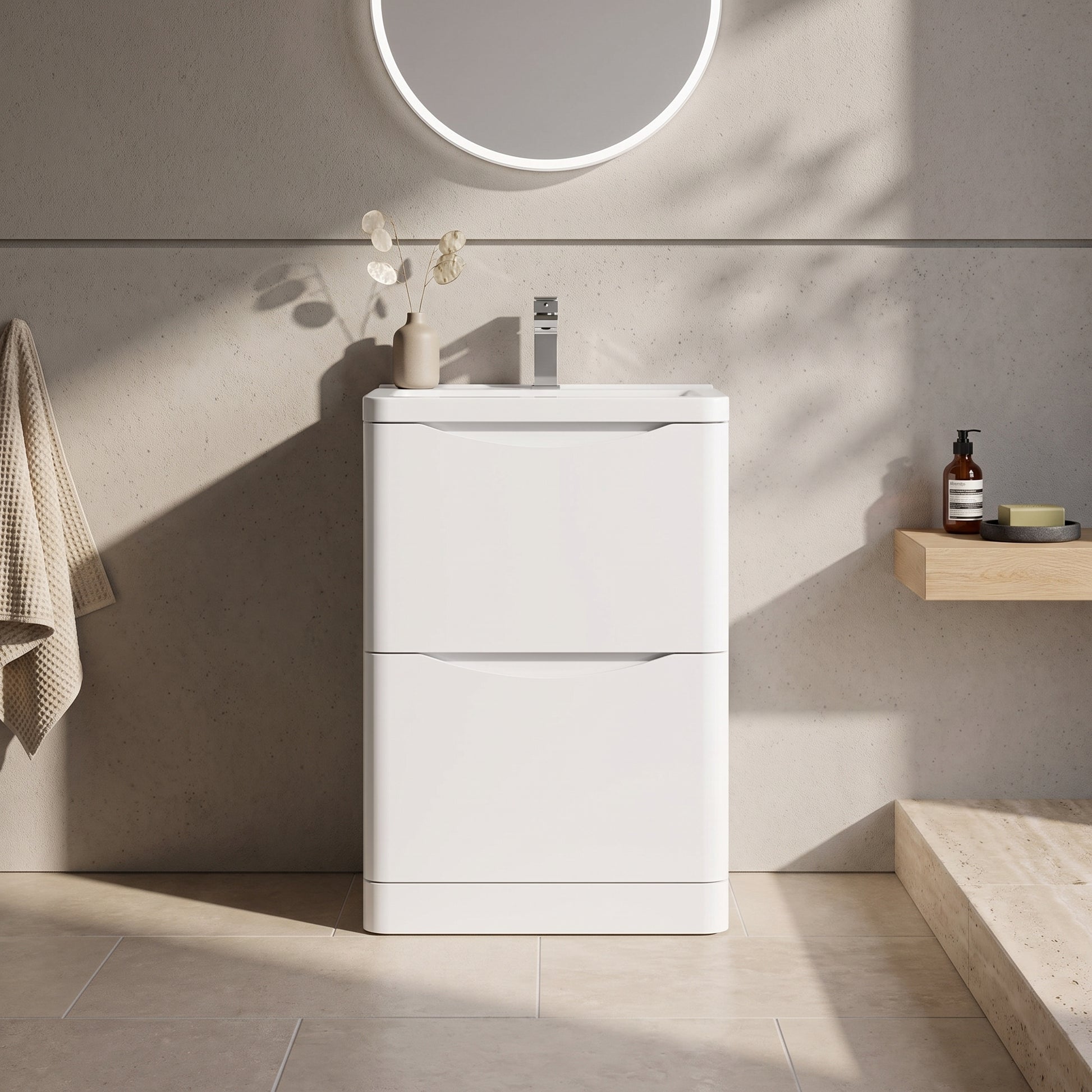 Fairford Eclipse 600mm 2 Drawer Satin White Floor Standing Vanity Unit