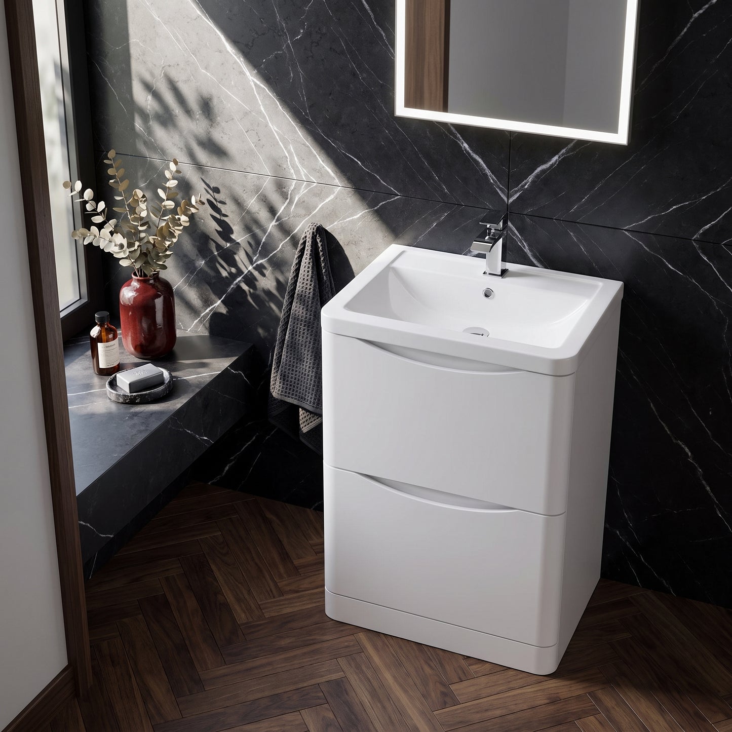 Fairford Eclipse 600mm 2 Drawer Satin White Floor Standing Vanity Unit