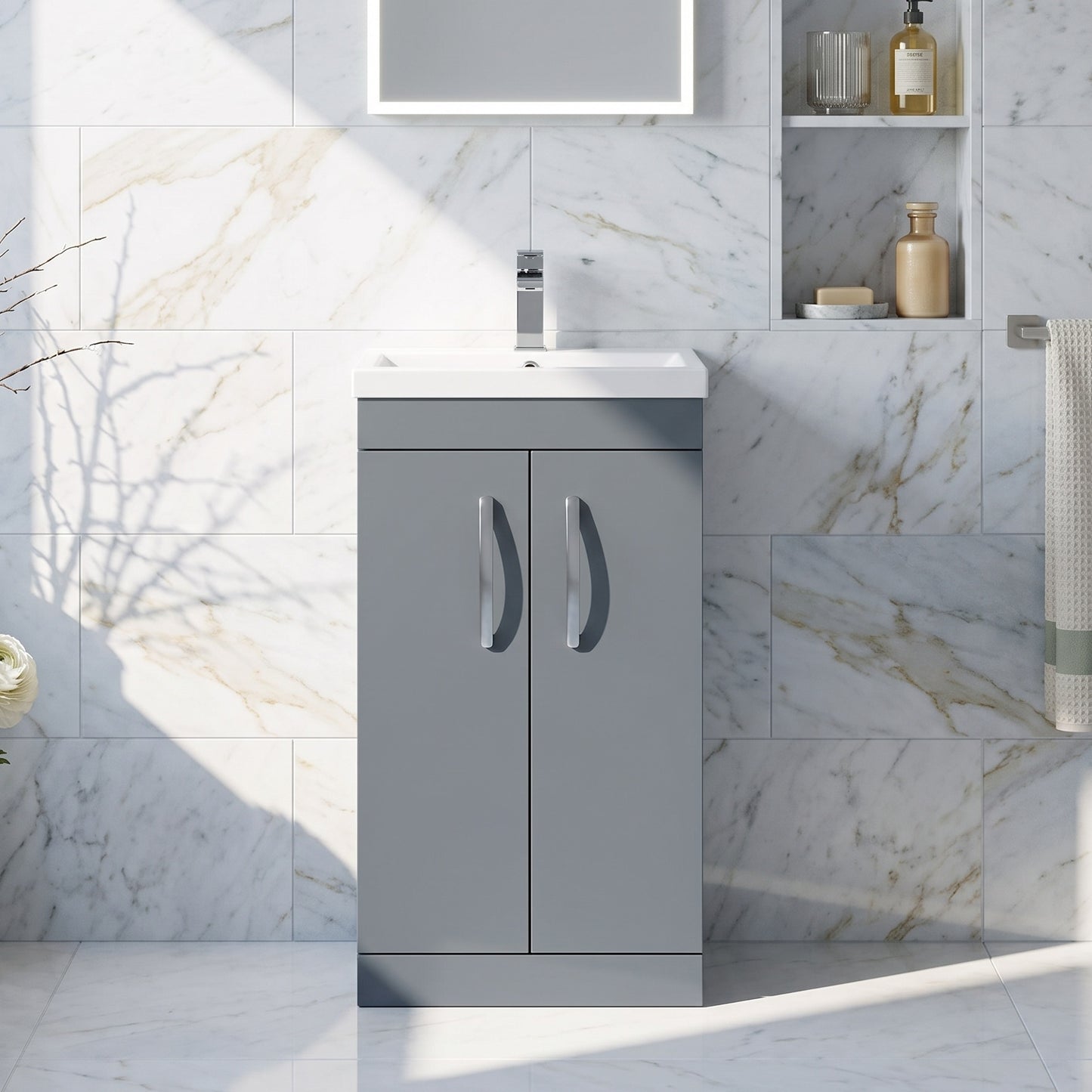 Fairford Carnation 500mm Gloss Grey Floor Standing 2 Door Vanity Unit, with Basin