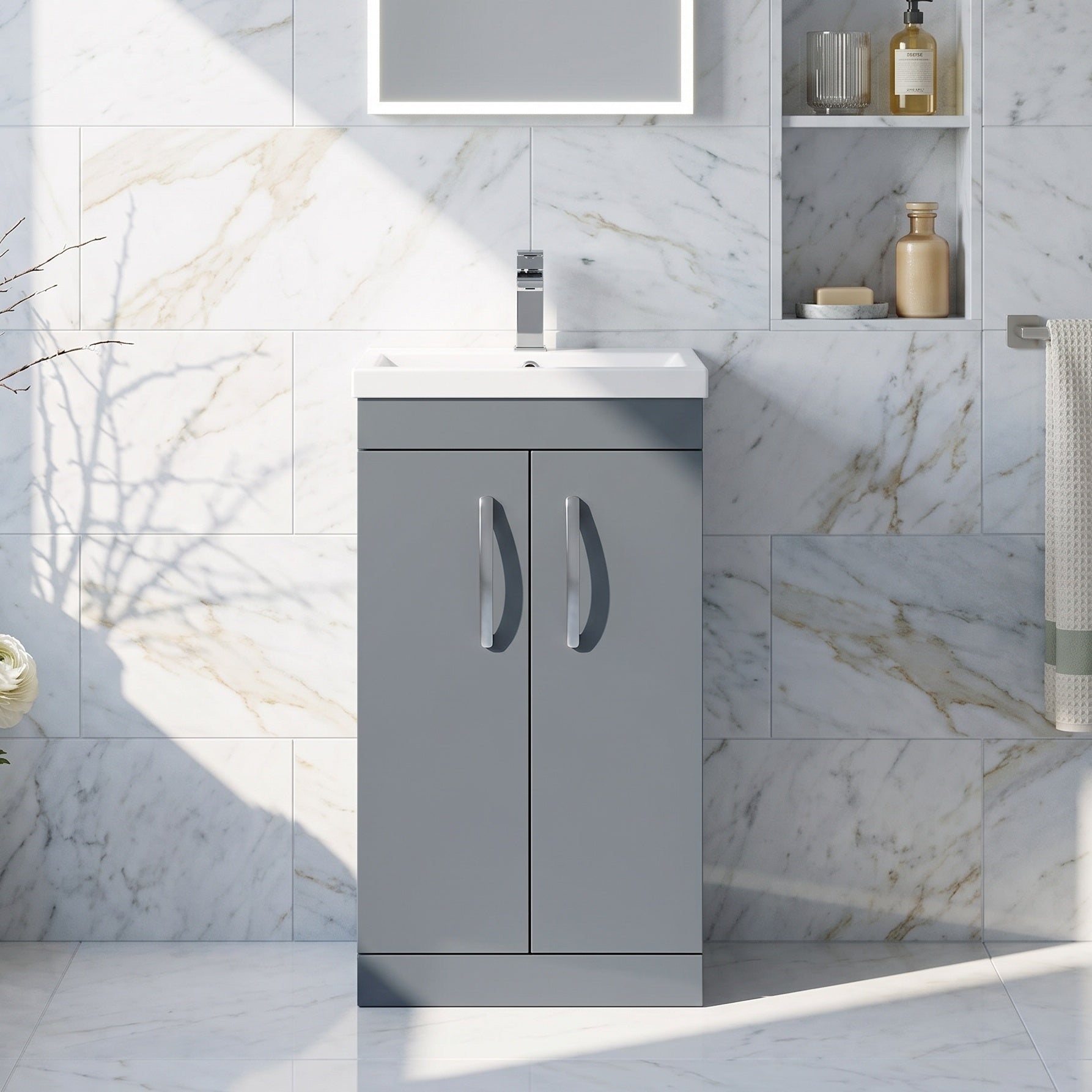 Fairford Carnation 500mm Gloss Grey Floor Standing 2 Door Vanity Unit, with Basin