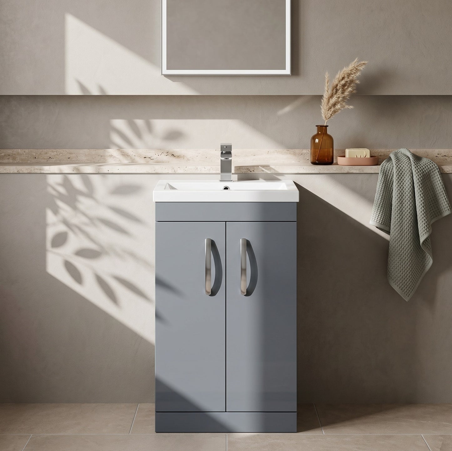 Fairford Carnation 500mm Gloss Grey Floor Standing 2 Door Vanity Unit, with Basin