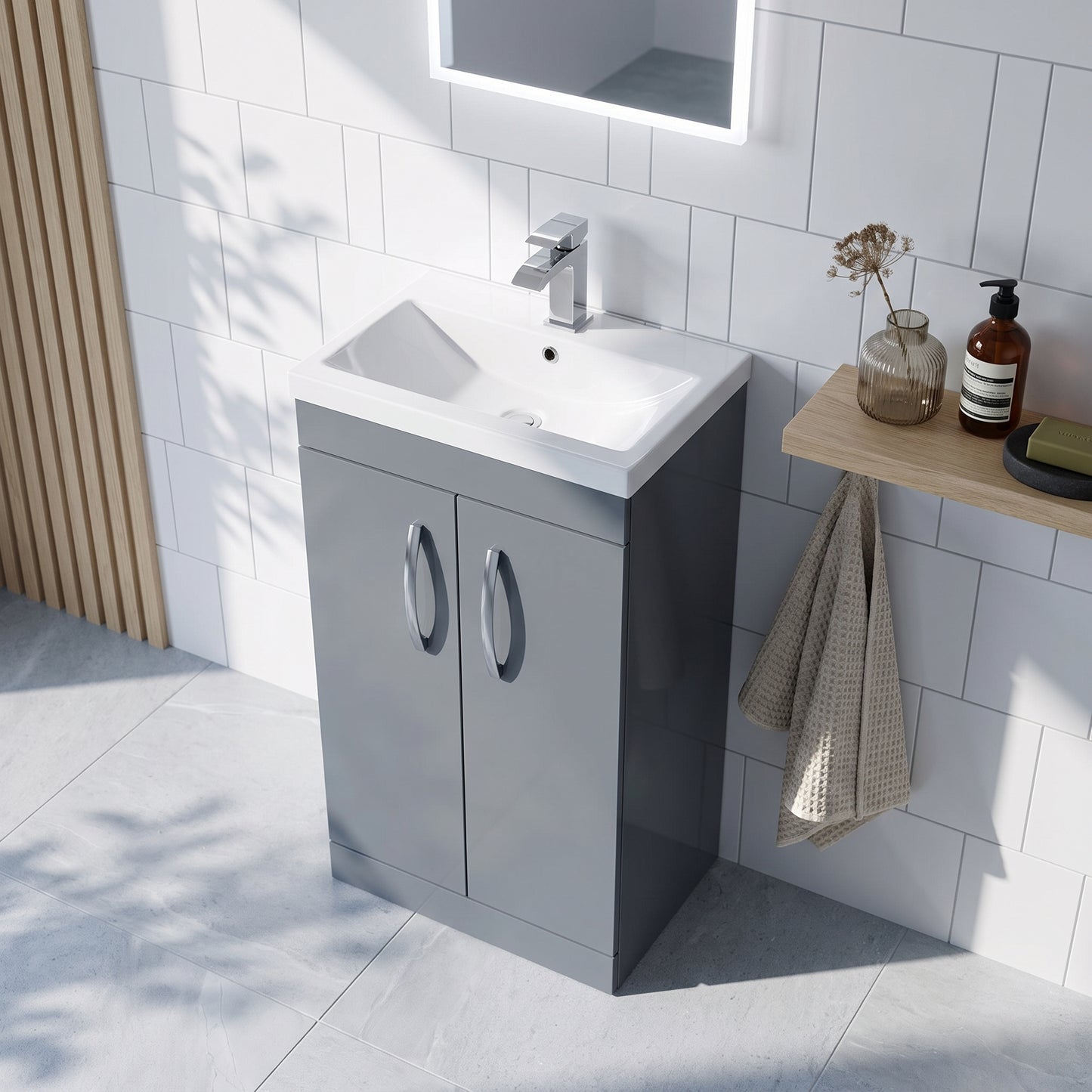 Fairford Carnation 500mm Gloss Grey Floor Standing 2 Door Vanity Unit, with Basin