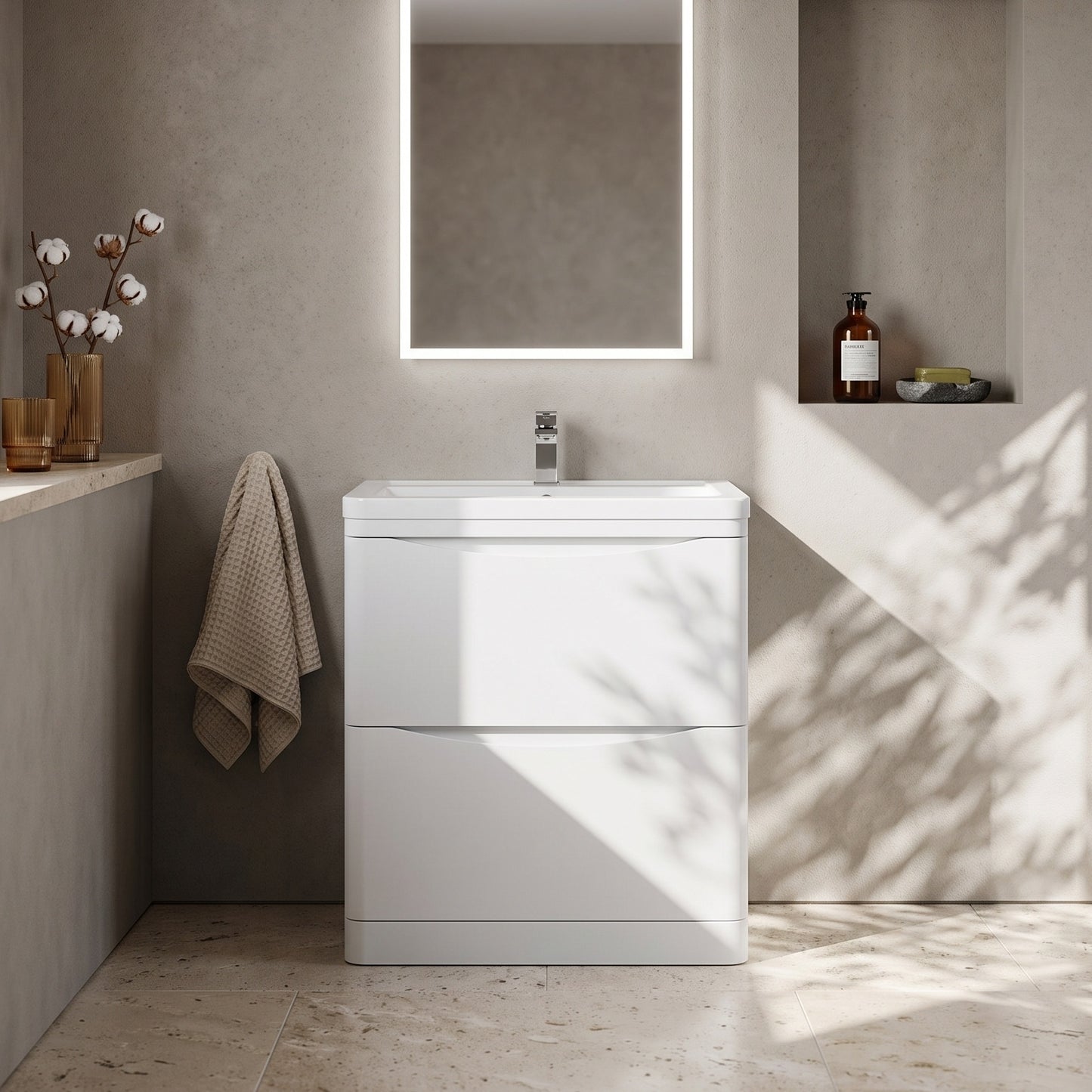Fairford Eclipse 800mm 2 Drawer Satin White Floor Standing Vanity Unit