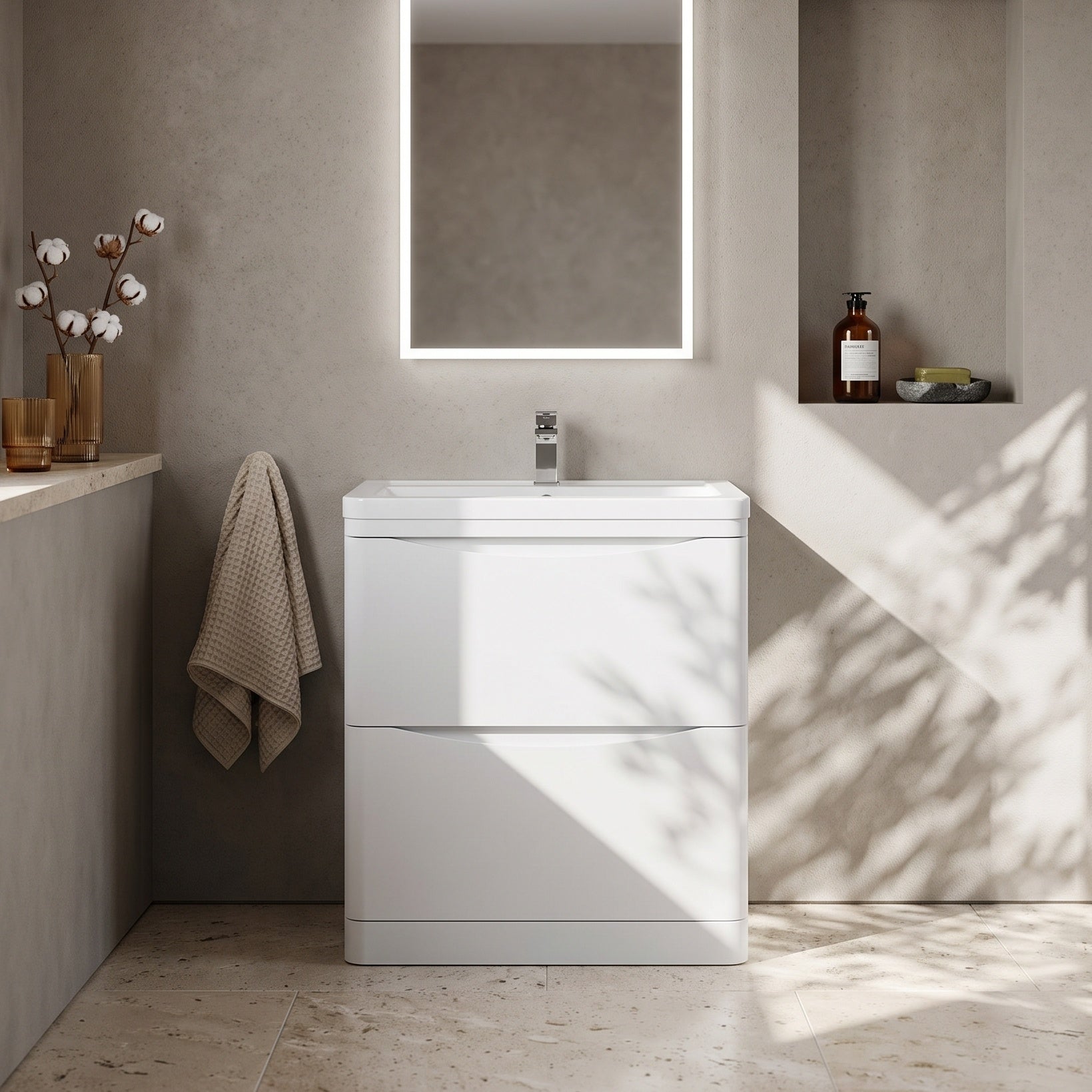 Fairford Eclipse 800mm 2 Drawer Satin White Floor Standing Vanity Unit