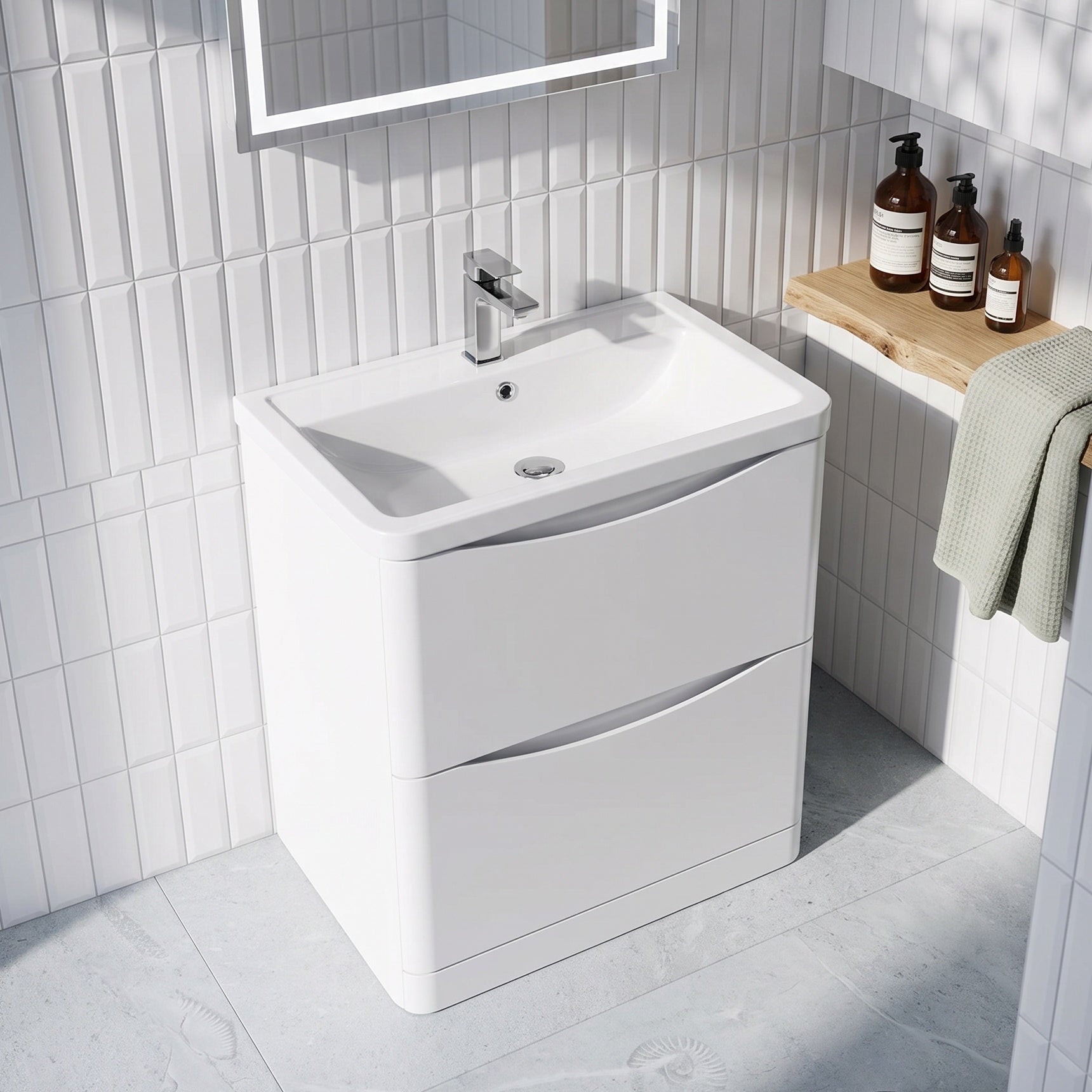 Fairford Eclipse 800mm 2 Drawer Satin White Floor Standing Vanity Unit
