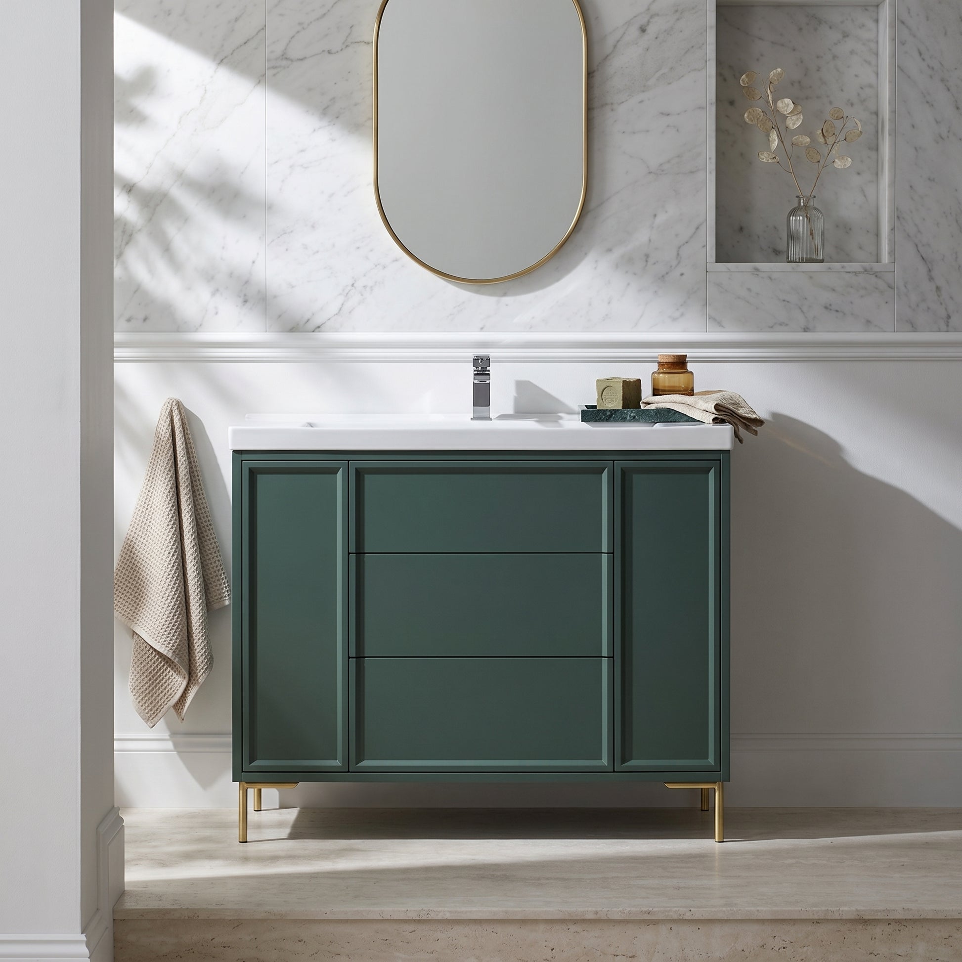 Fairford Elan Marin Green 1000mm Floorstanding Vanity Unit with Brushed Brass Legs