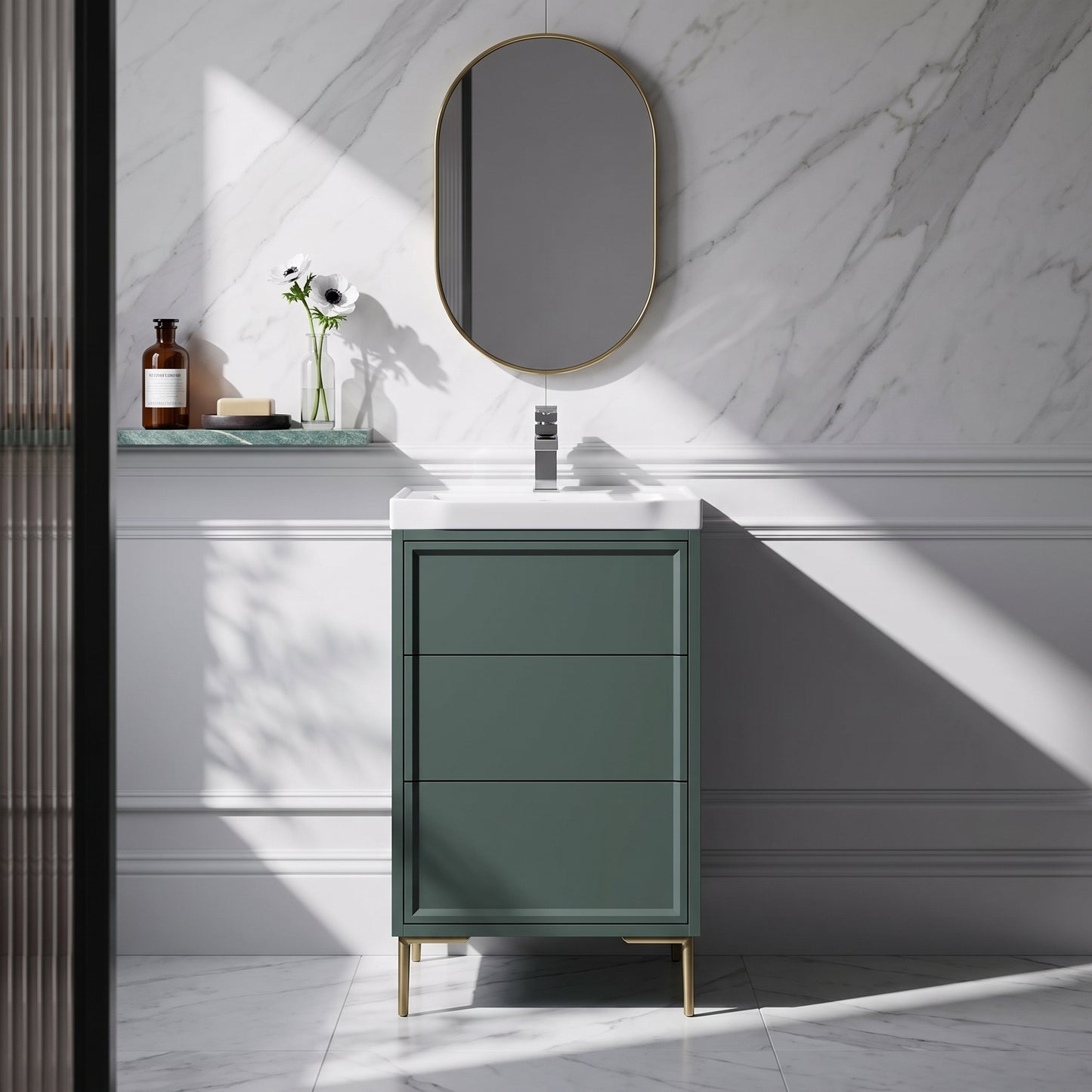 Fairford Elan Marin Green 500mm Floorstanding Vanity Unit with Brushed Brass Legs