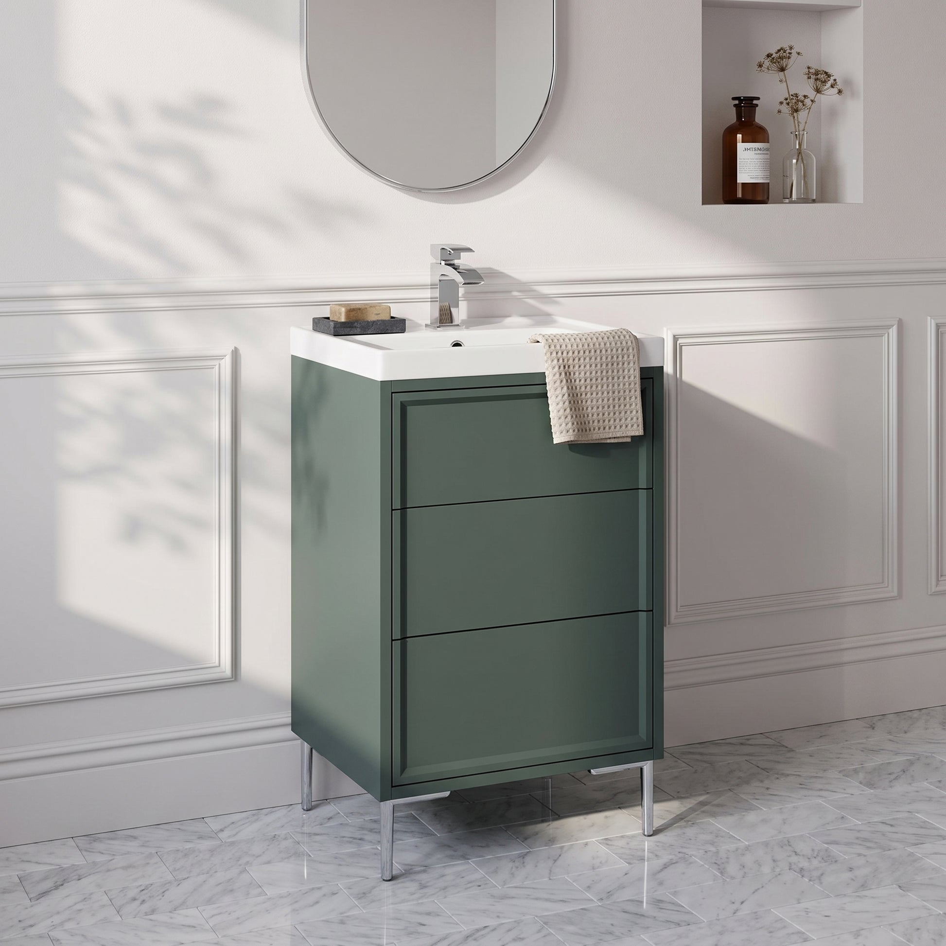 Fairford Elan Marin Green 500mm Floorstanding Vanity Unit with Chrome Legs