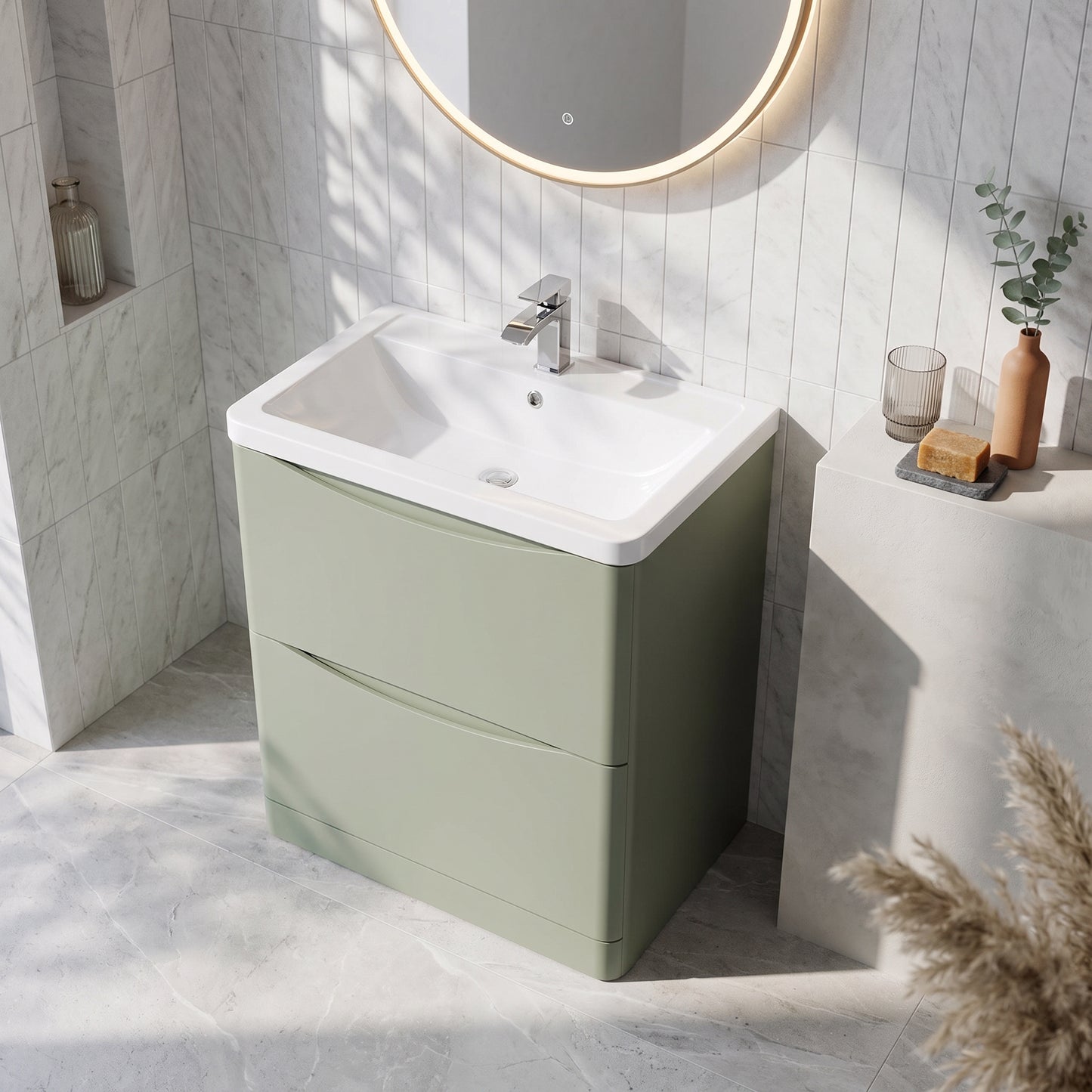 Fairford Eclipse 800mm 2 Drawer Satin Green Floor Standing Vanity Unit