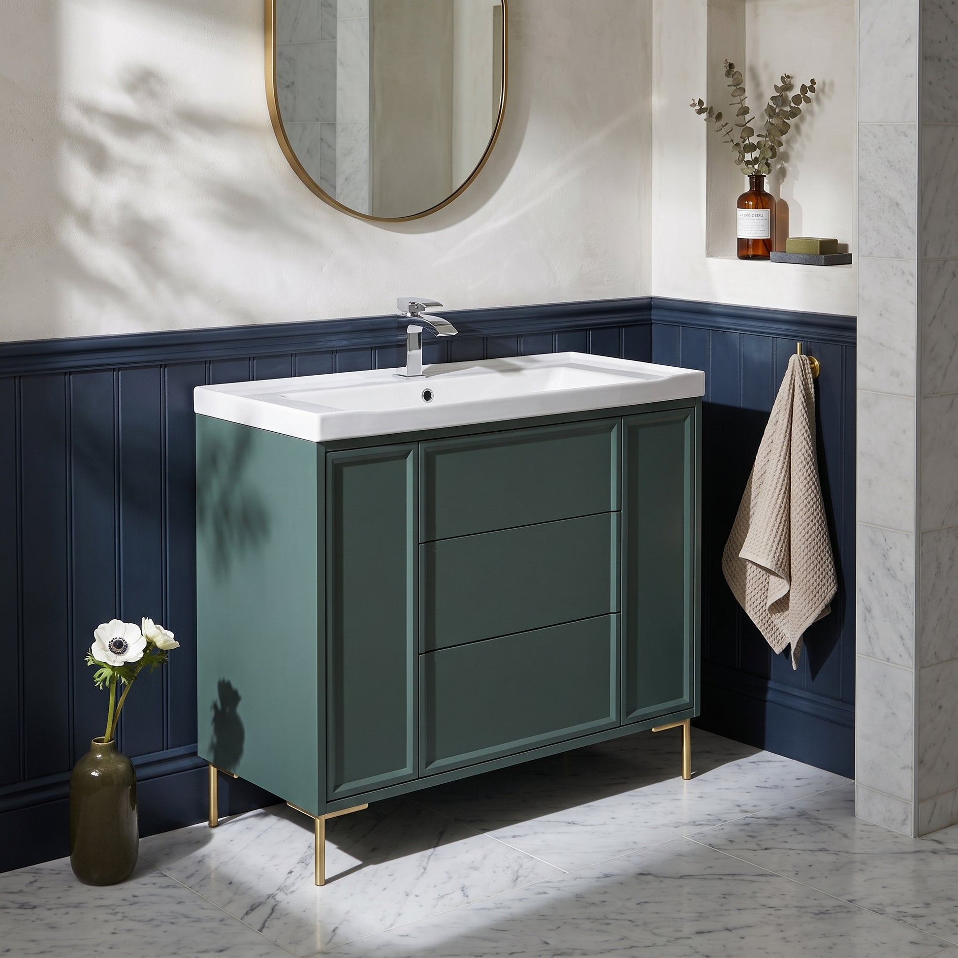 Fairford Elan Marin Green 1000mm Floorstanding Vanity Unit with Brushed Brass Legs
