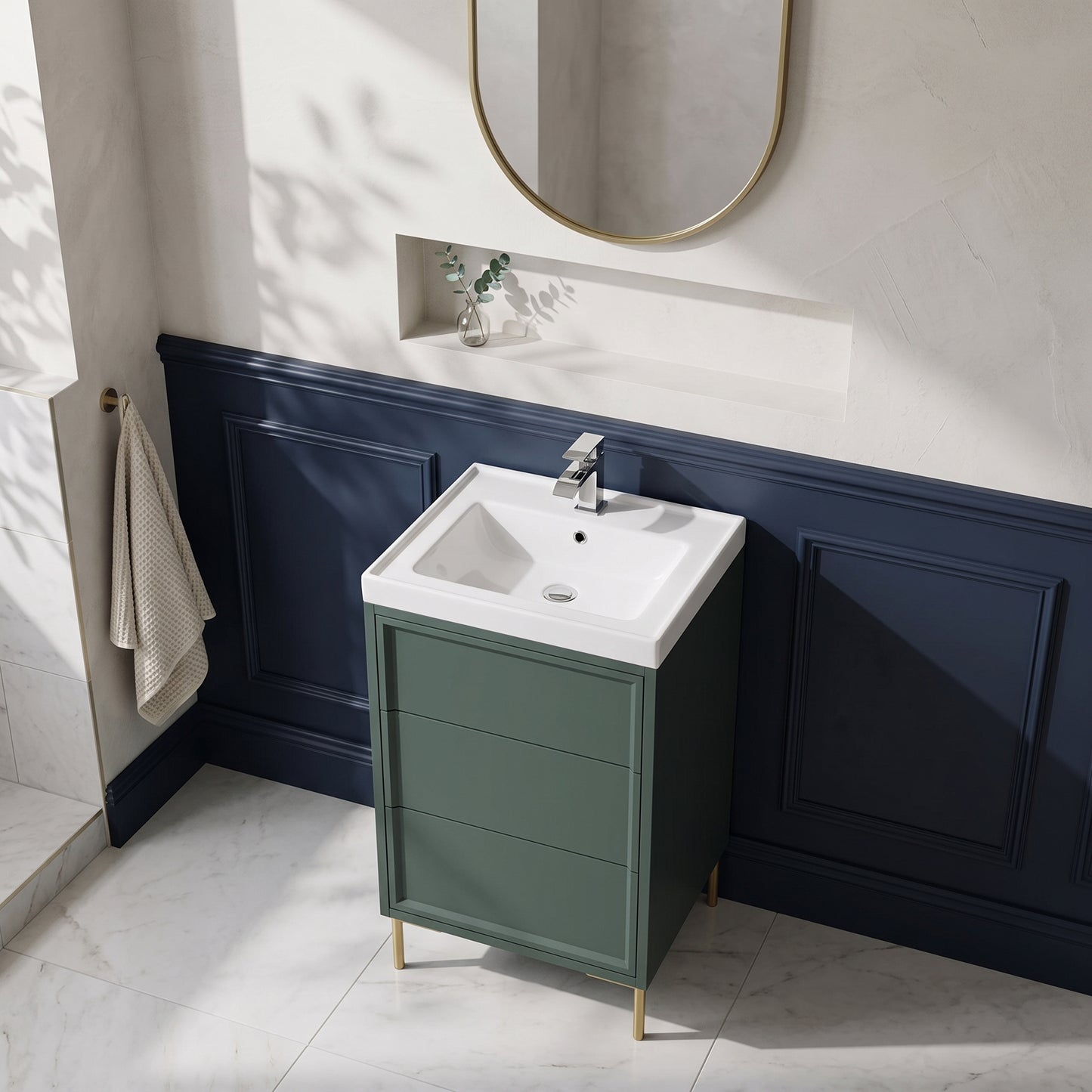 Fairford Elan Marin Green 500mm Floorstanding Vanity Unit with Brushed Brass Legs