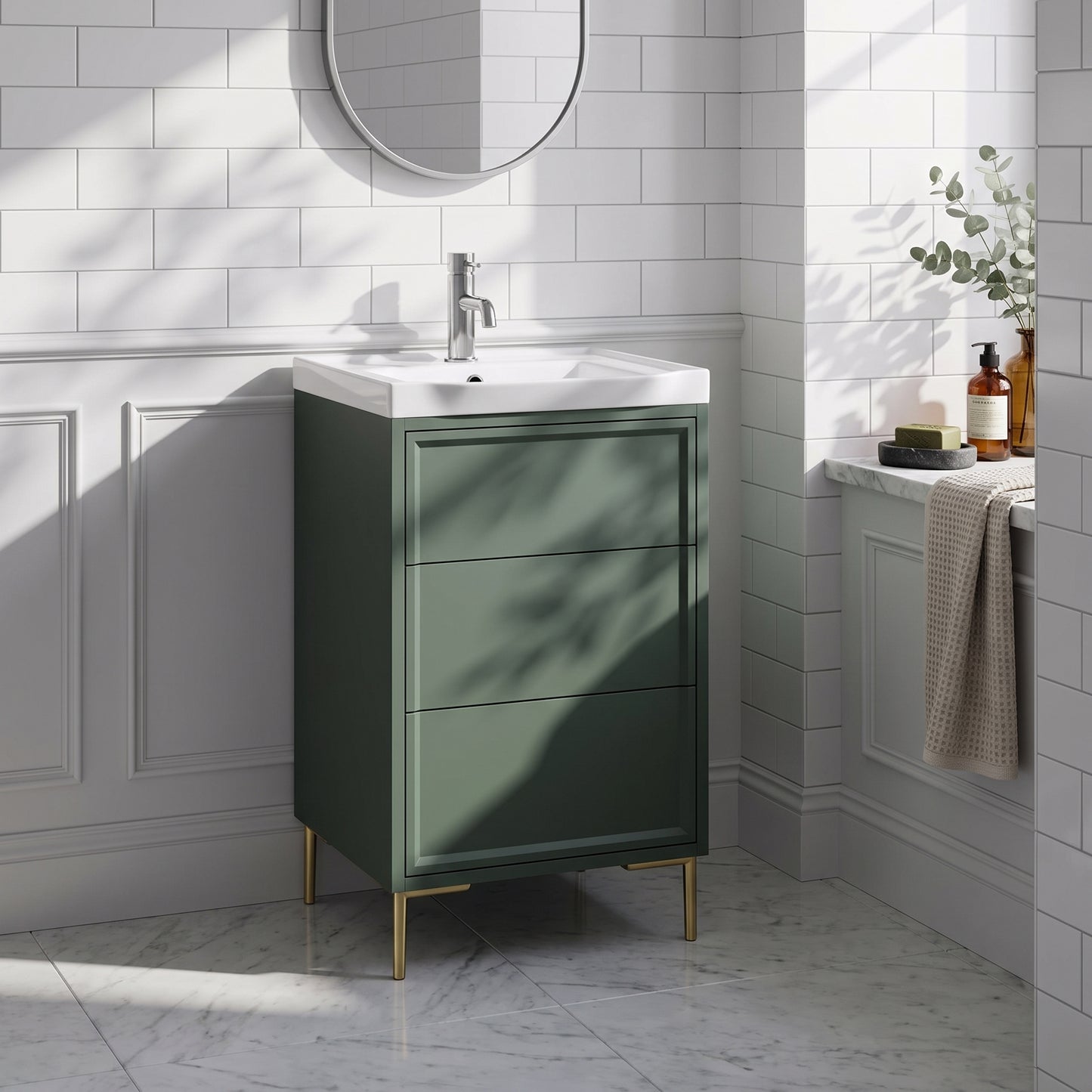 Fairford Elan Marin Green 500mm Floorstanding Vanity Unit with Brushed Brass Legs