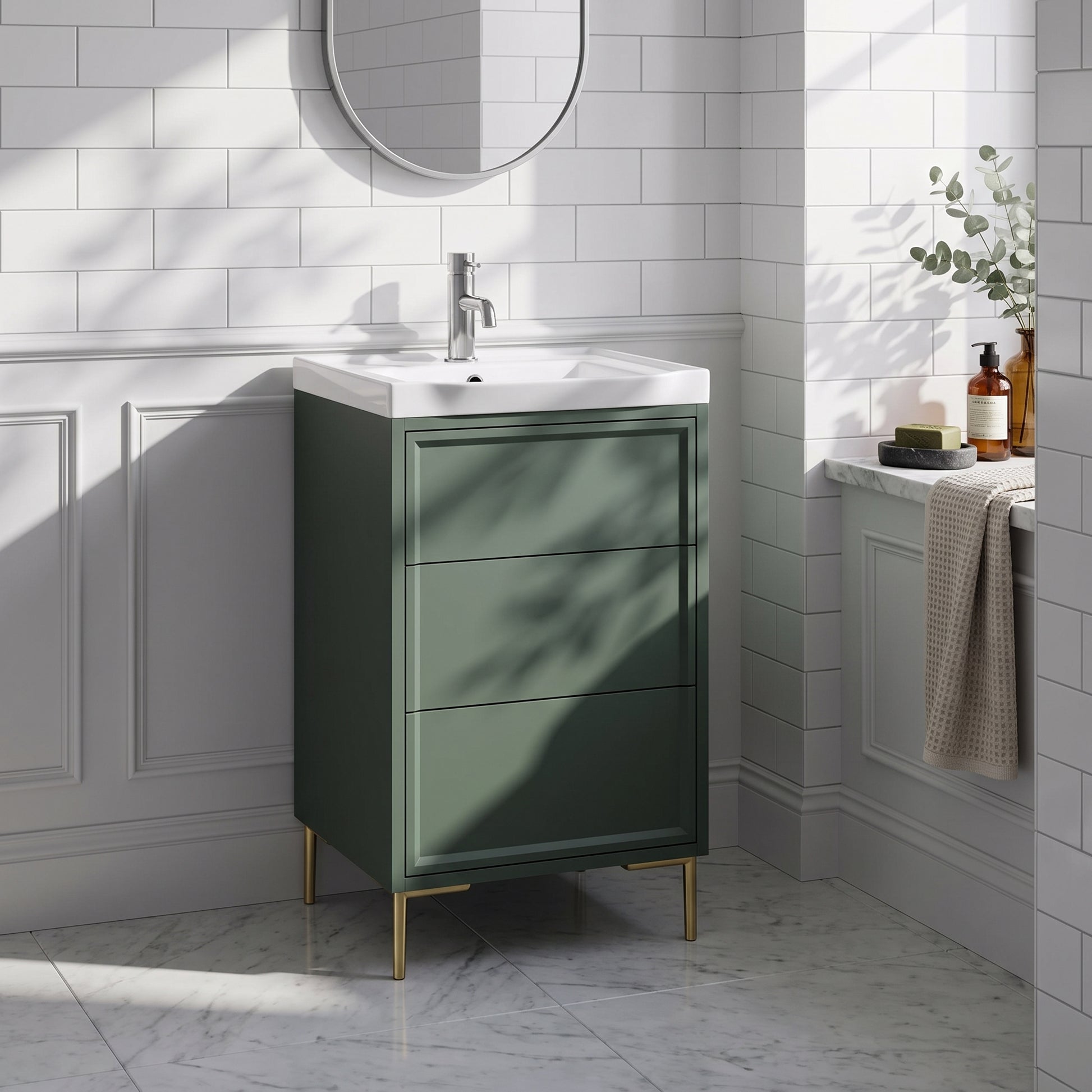 Fairford Elan Marin Green 500mm Floorstanding Vanity Unit with Brushed Brass Legs