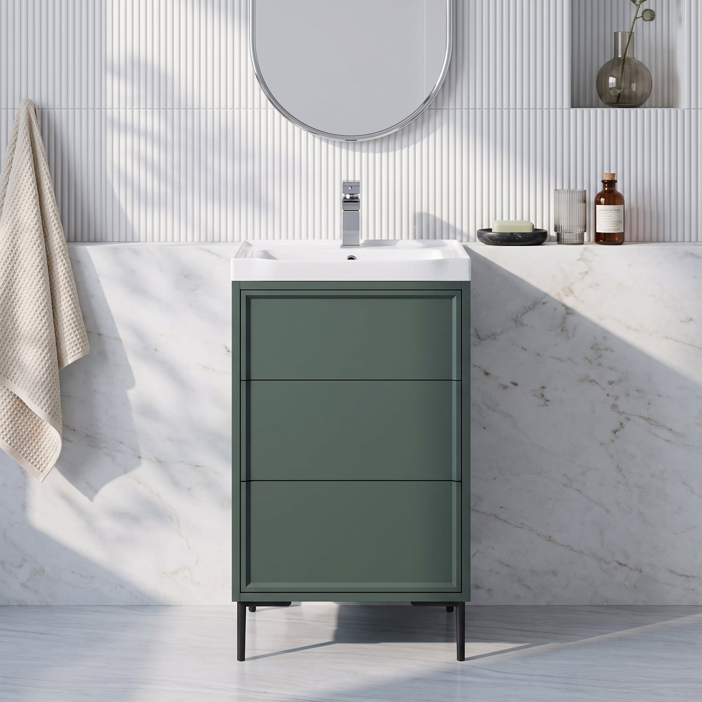 Fairford Elan Marin Green 500mm Floorstanding Vanity Unit with Matt Black Legs