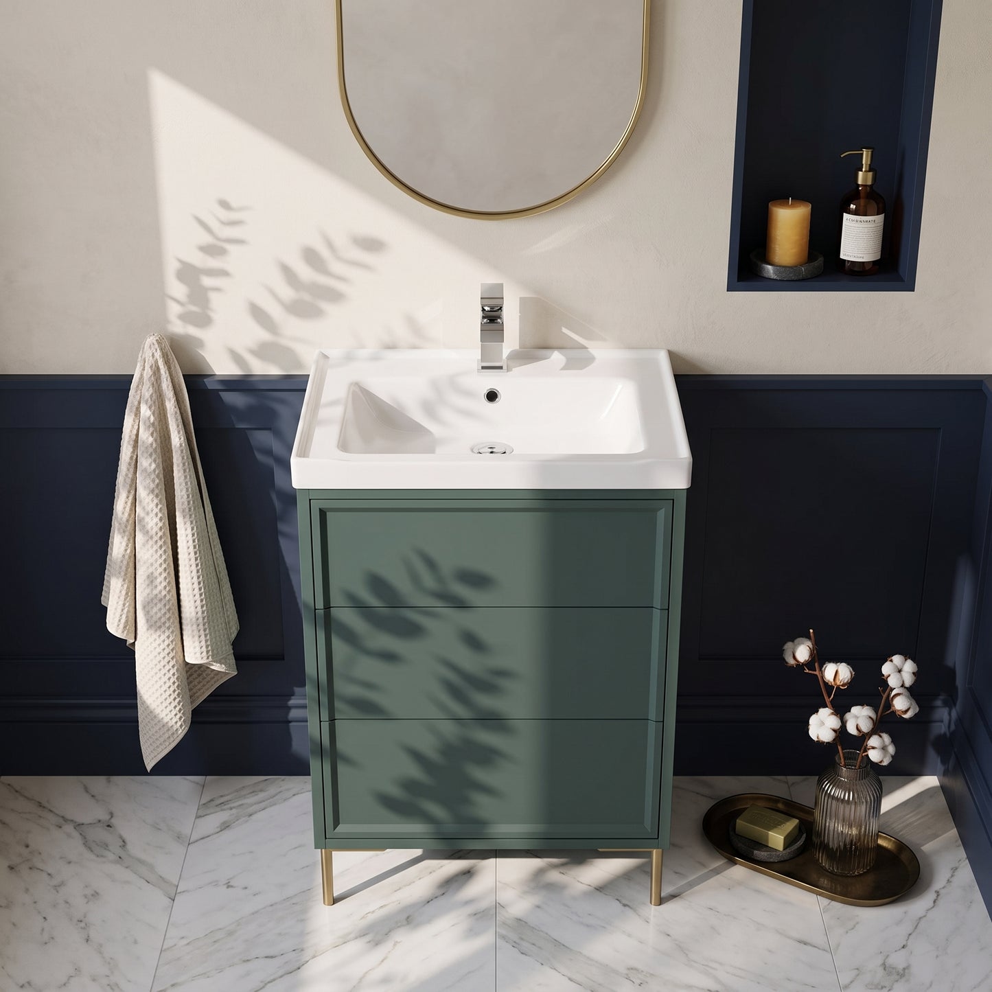 Fairford Elan Marin Green 600mm Floorstanding Vanity Unit with Brushed Brass Legs