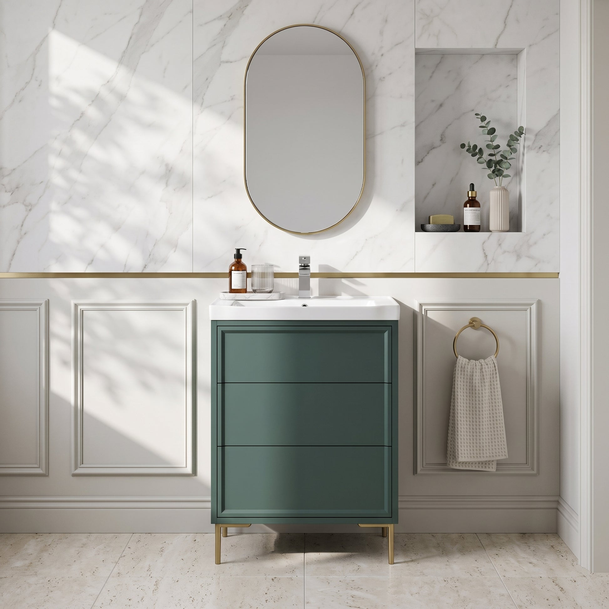Fairford Elan Marin Green 600mm Floorstanding Vanity Unit with Brushed Brass Legs