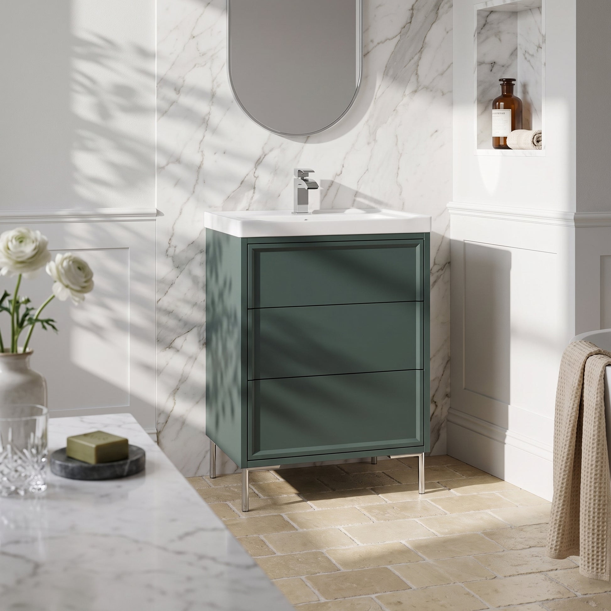 Fairford Elan Marin Green 600mm Floorstanding Vanity Unit with Chrome Legs