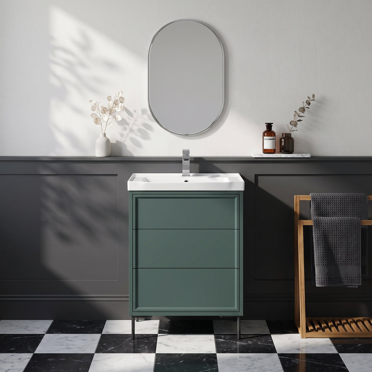 Fairford Elan Marin Green 600mm Floorstanding Vanity Unit with Matt Black Legs