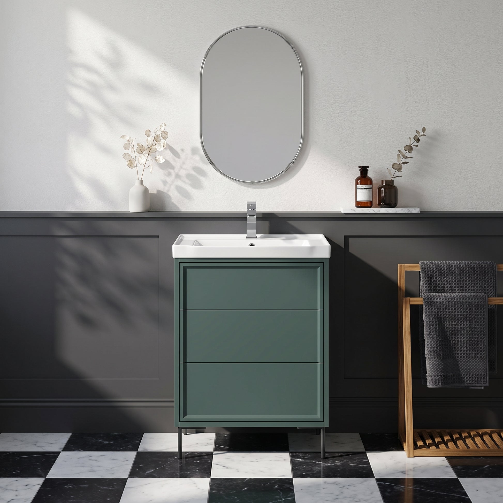 Fairford Elan Marin Green 600mm Floorstanding Vanity Unit with Matt Black Legs