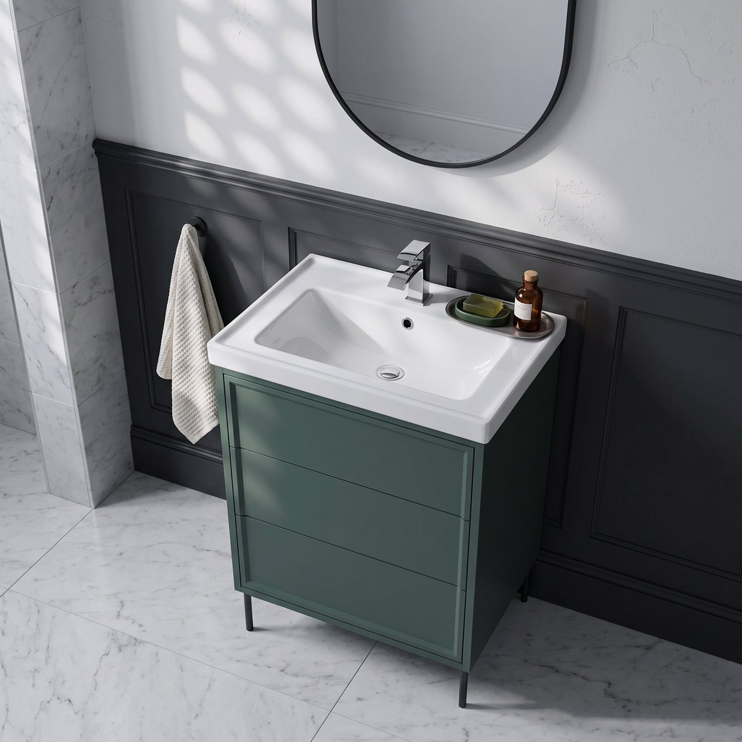 Fairford Elan Marin Green 600mm Floorstanding Vanity Unit with Matt Black Legs