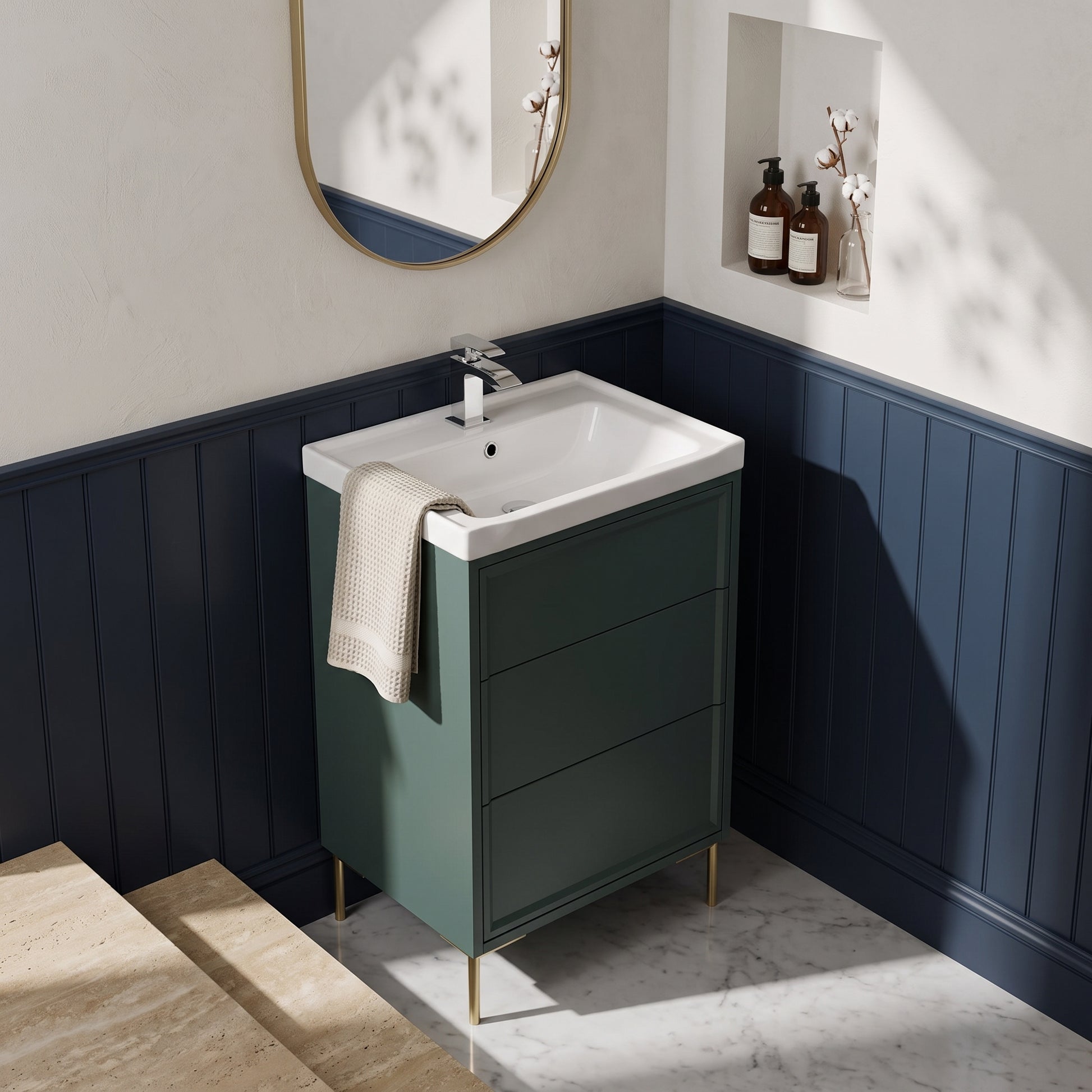 Fairford Elan Marin Green 600mm Floorstanding Vanity Unit with Brushed Brass Legs