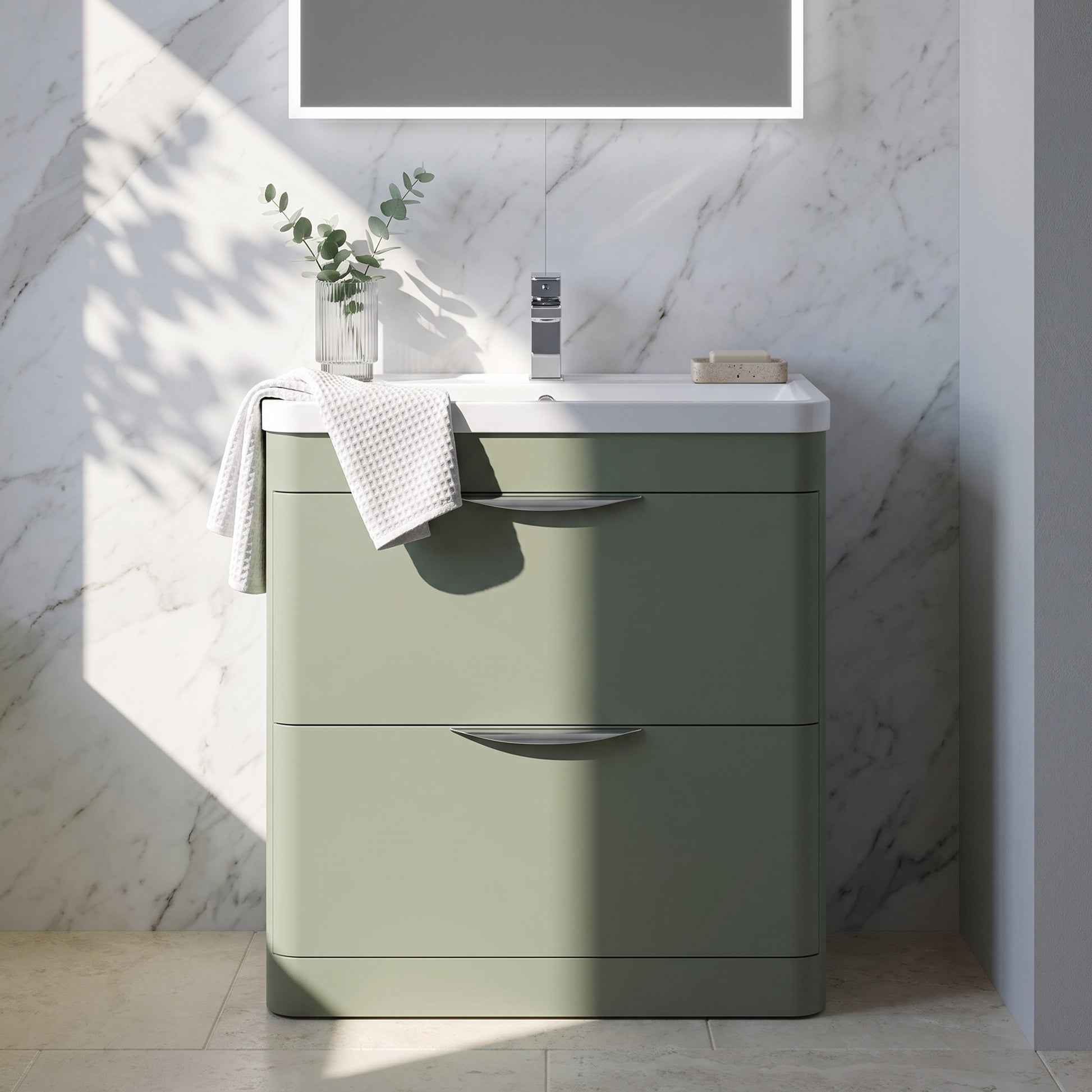 Fairford Flow 800mm 2 Drawer Satin Green Floor Standing Vanity Unit