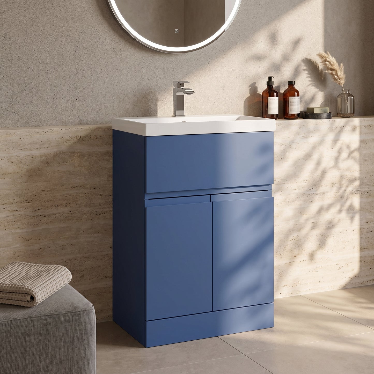 Fairford Finesse 600mm Satin Blue Floor Standing Vanity Unit, with Top Drawer