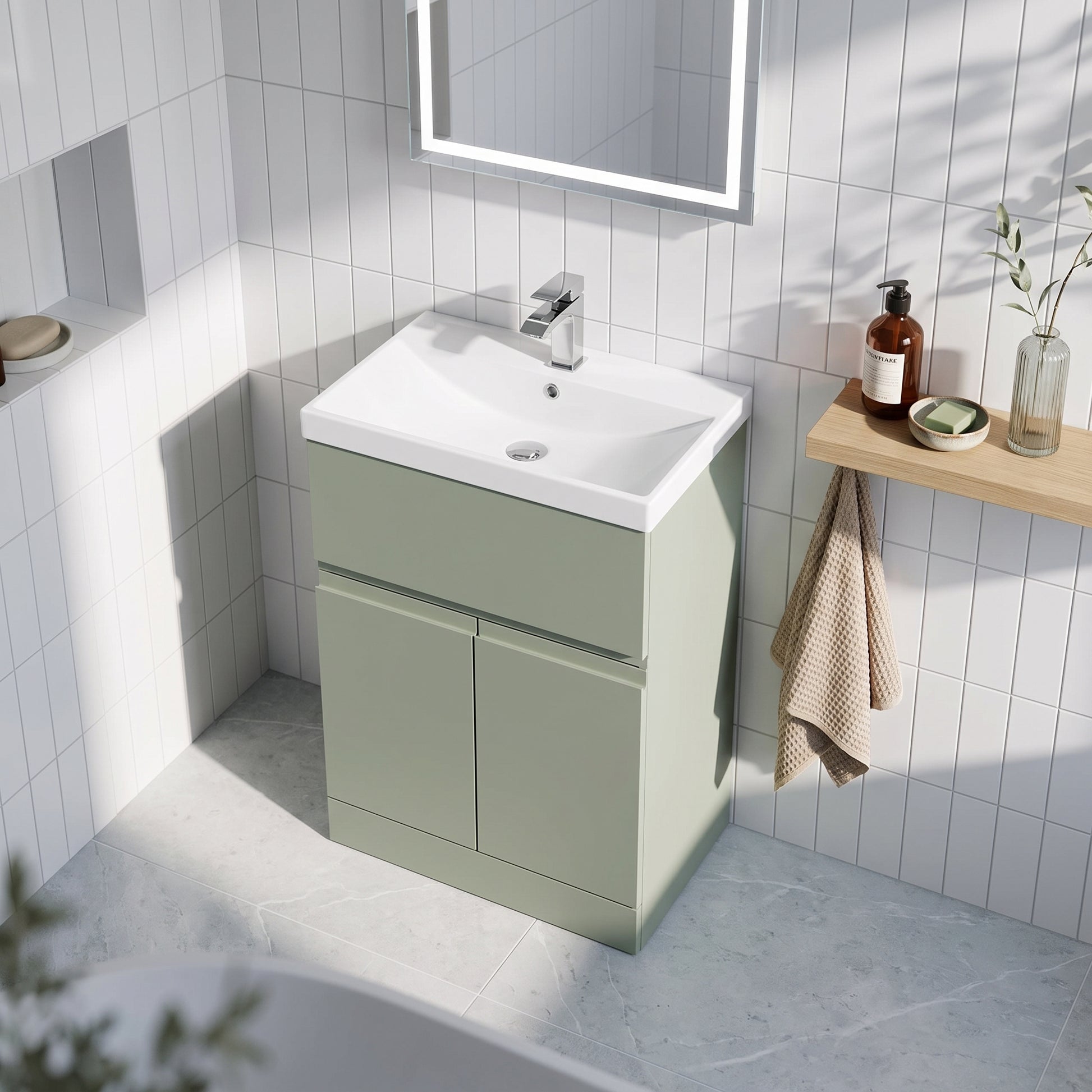 Fairford Finesse 600mm Satin Green Floorstanding 2-Door/Drawer Vanity