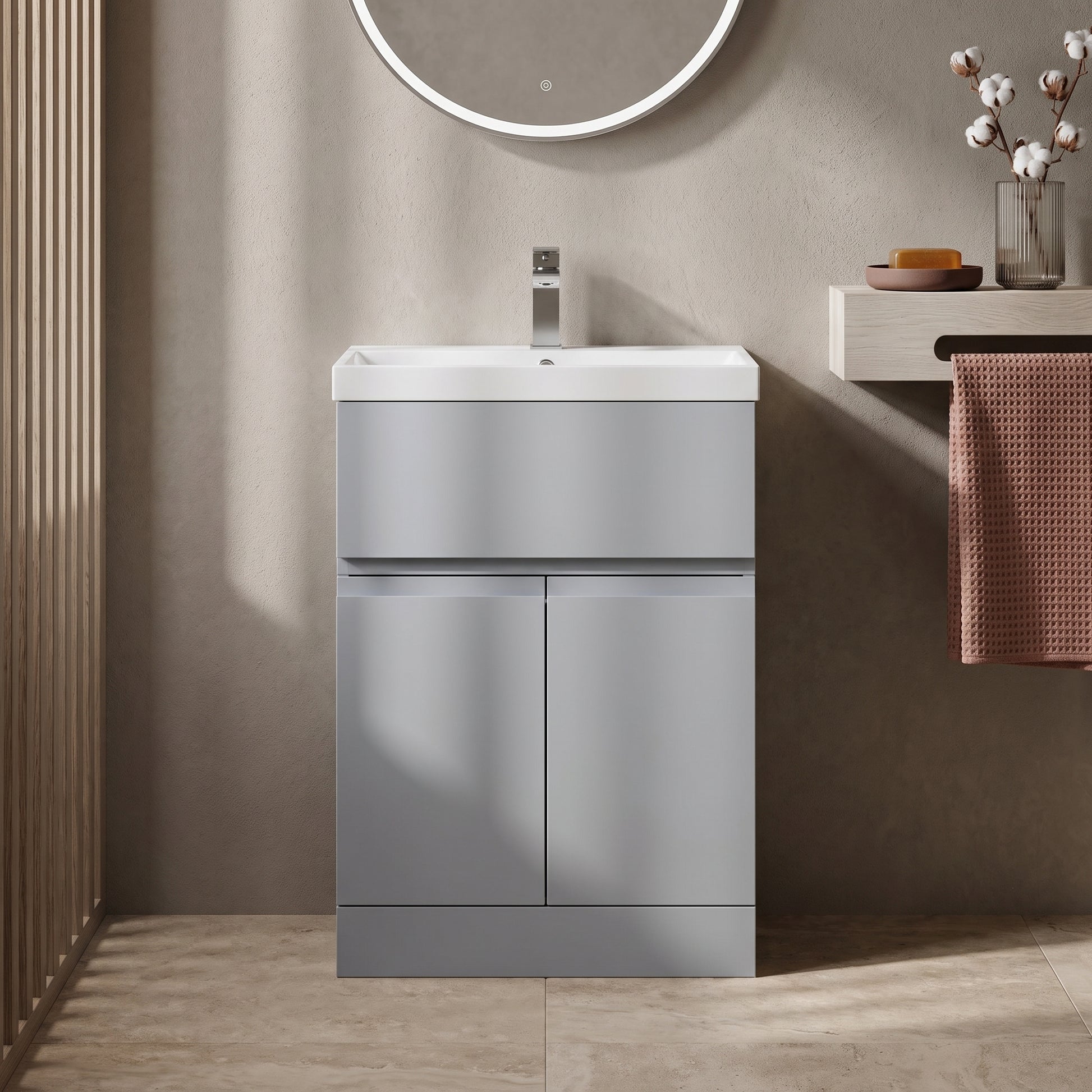 Fairford Finesse 600mm Satin Grey Floor Standing Vanity Unit, with Top Drawer
