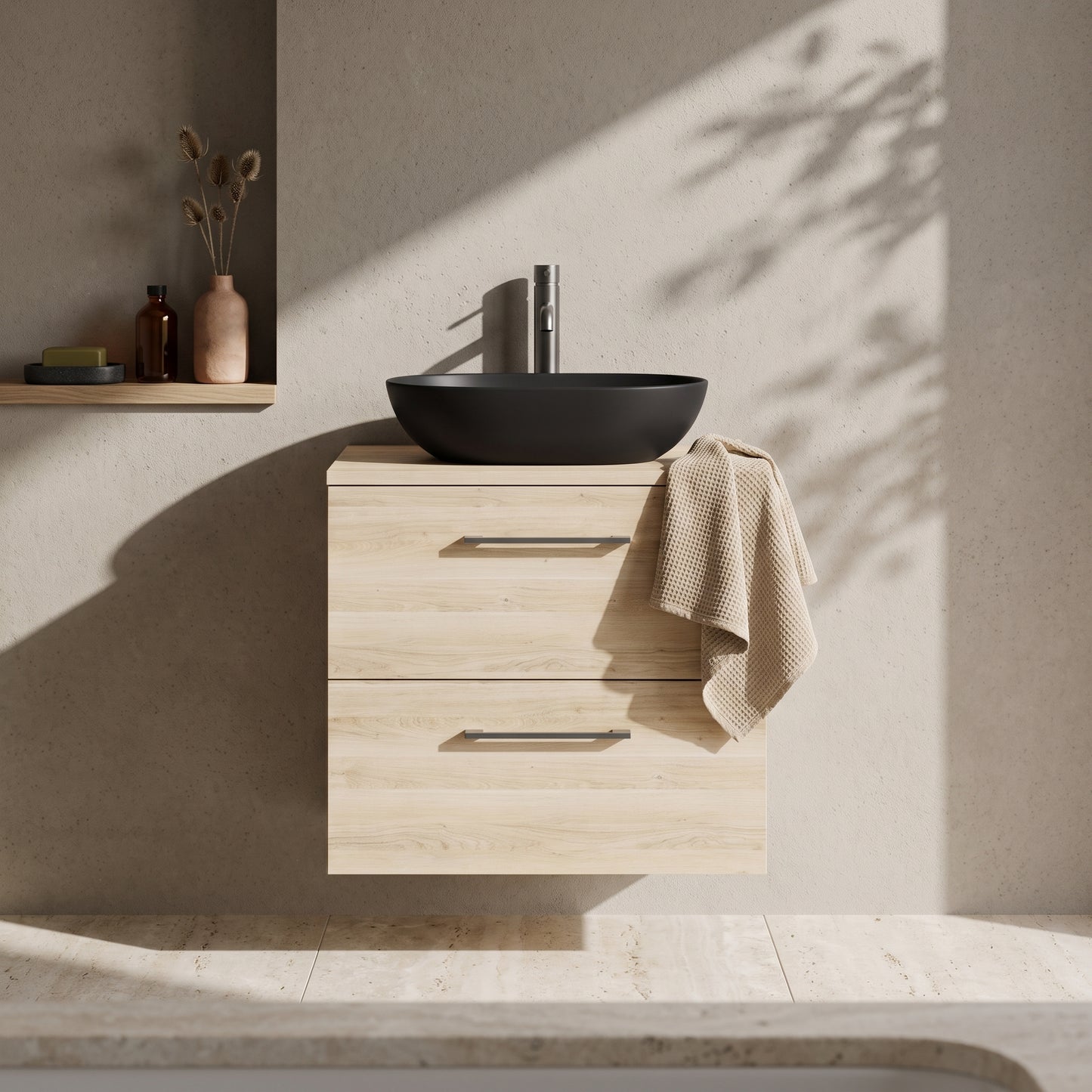 Fairford Aspri Bleached Oak 600mm 2 Drawer Wall Hung Vanity Unit with Worktop