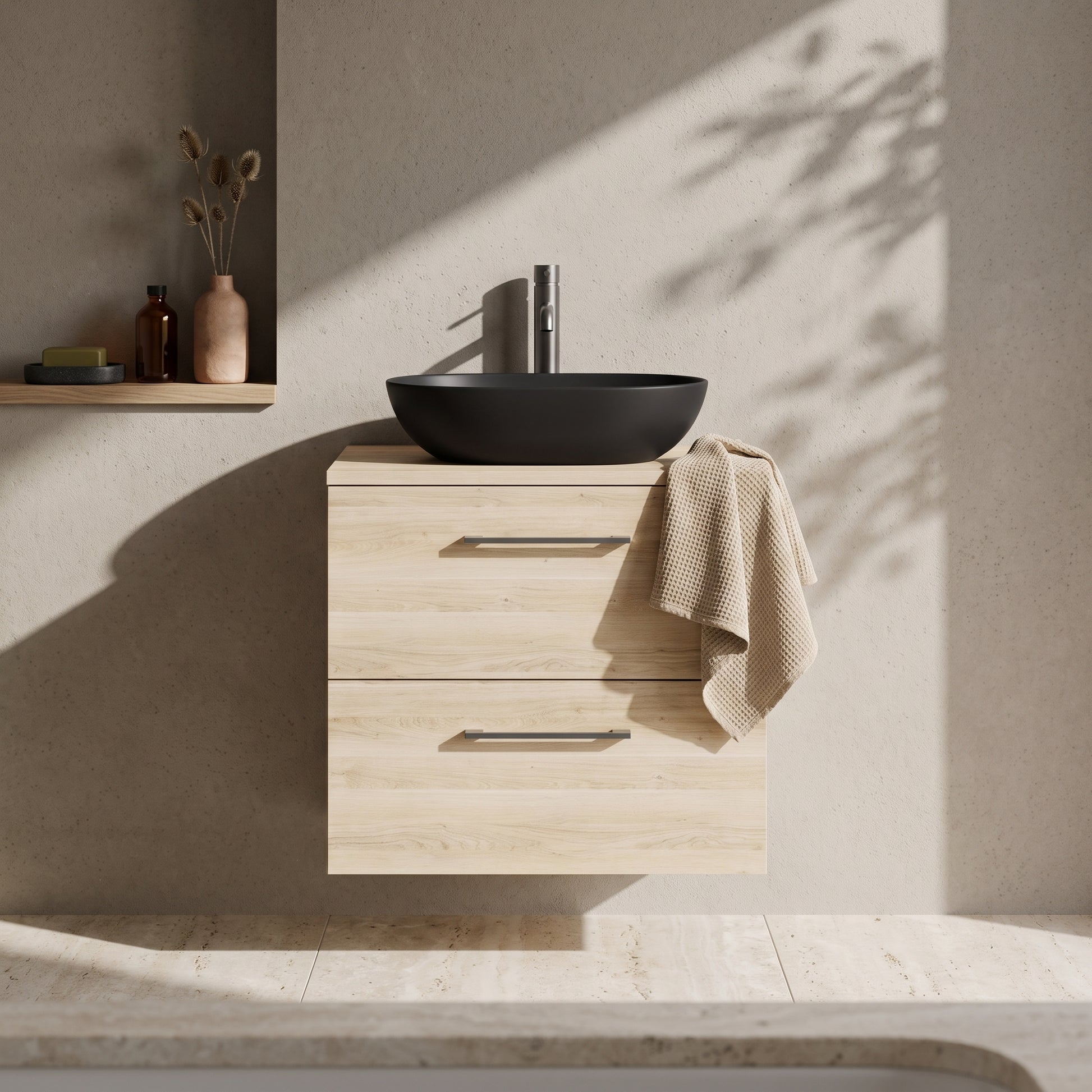 Fairford Aspri Bleached Oak 600mm 2 Drawer Wall Hung Vanity Unit with Worktop
