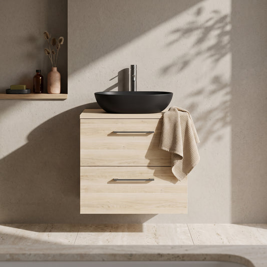 Fairford Aspri Bleached Oak 600mm 2 Drawer Wall Hung Vanity Unit with Worktop