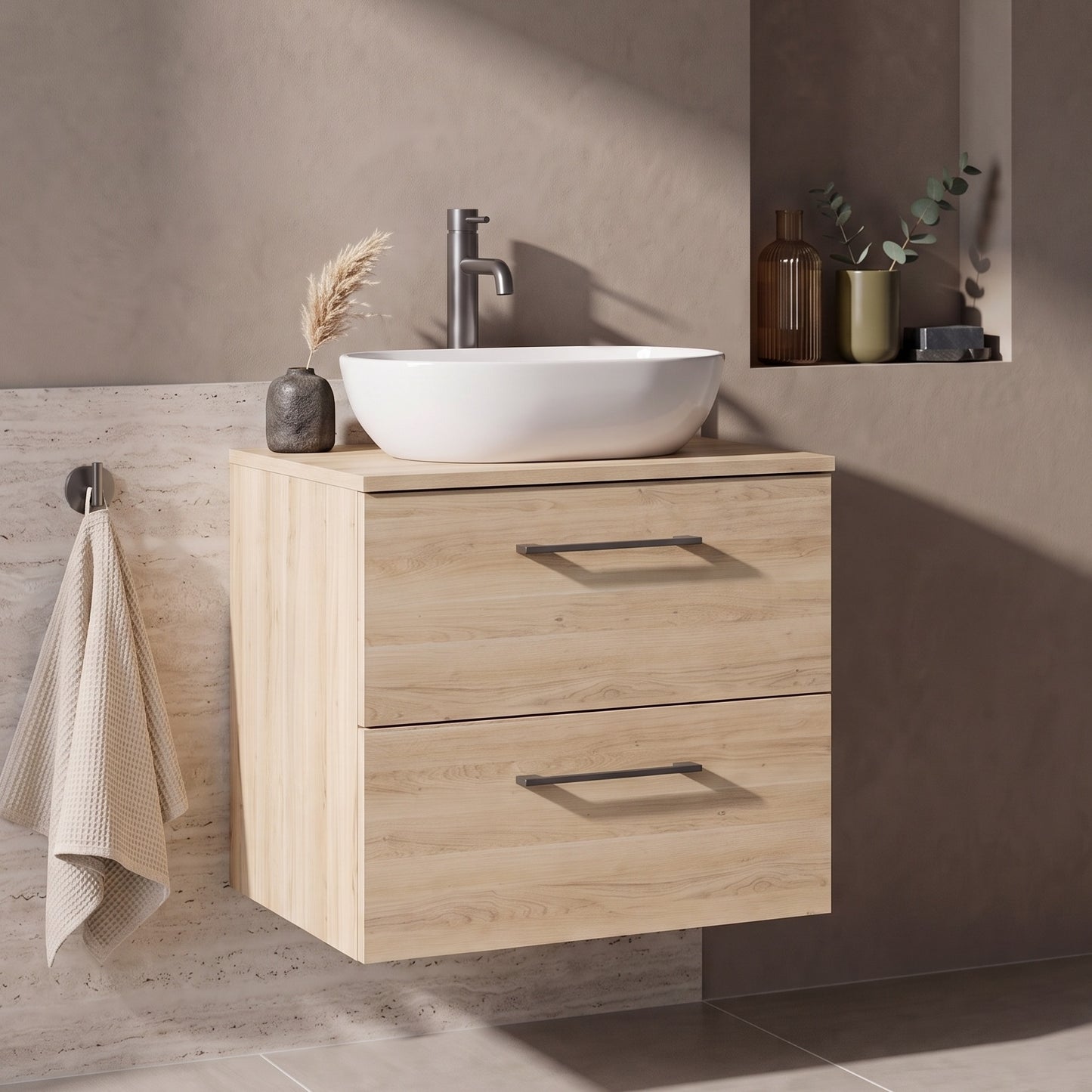Fairford Aspri Bleached Oak 600mm 2 Drawer Wall Hung Vanity Unit with Worktop