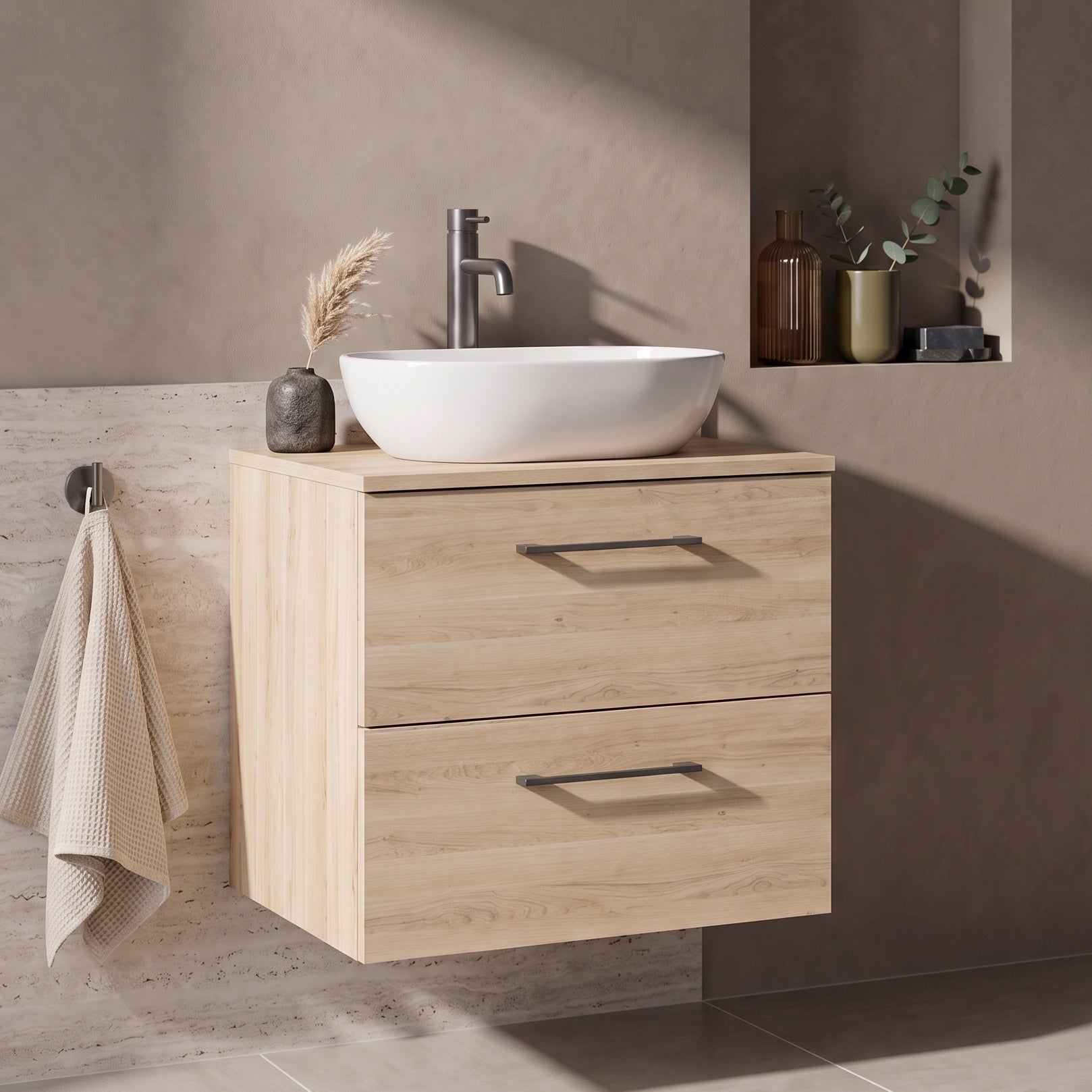 Fairford Aspri Bleached Oak 600mm 2 Drawer Wall Hung Vanity Unit with Worktop