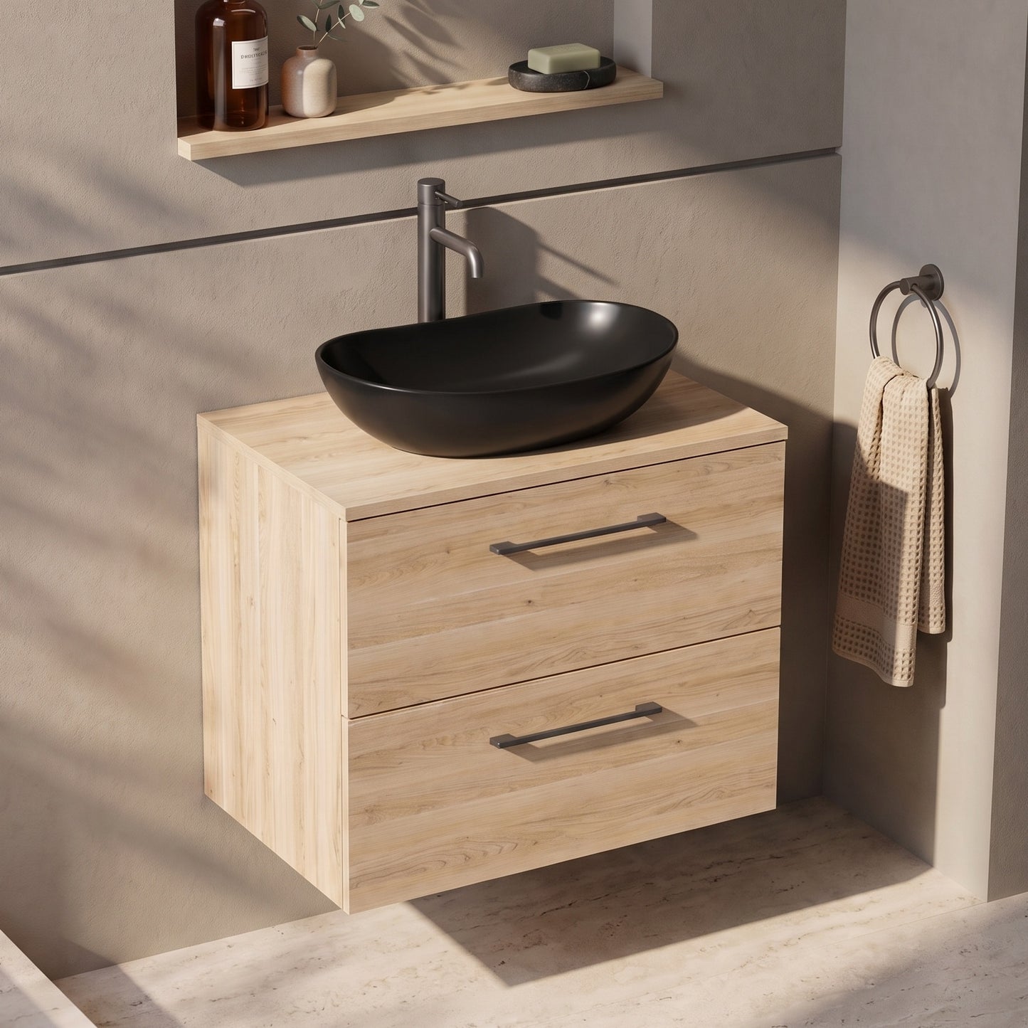 Fairford Aspri Bleached Oak 600mm 2 Drawer Wall Hung Vanity Unit with Worktop