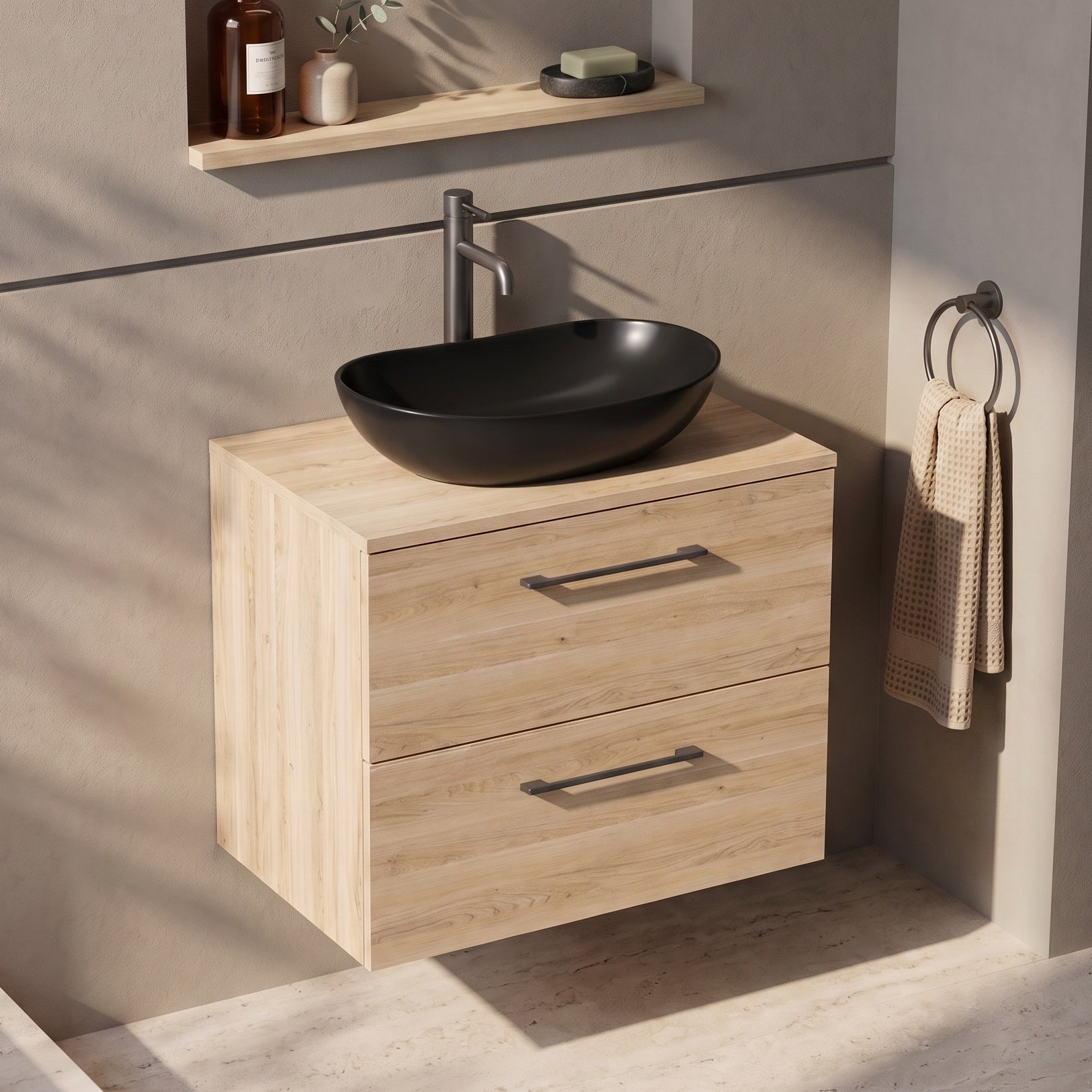 Fairford Aspri Bleached Oak 600mm 2 Drawer Wall Hung Vanity Unit with Worktop