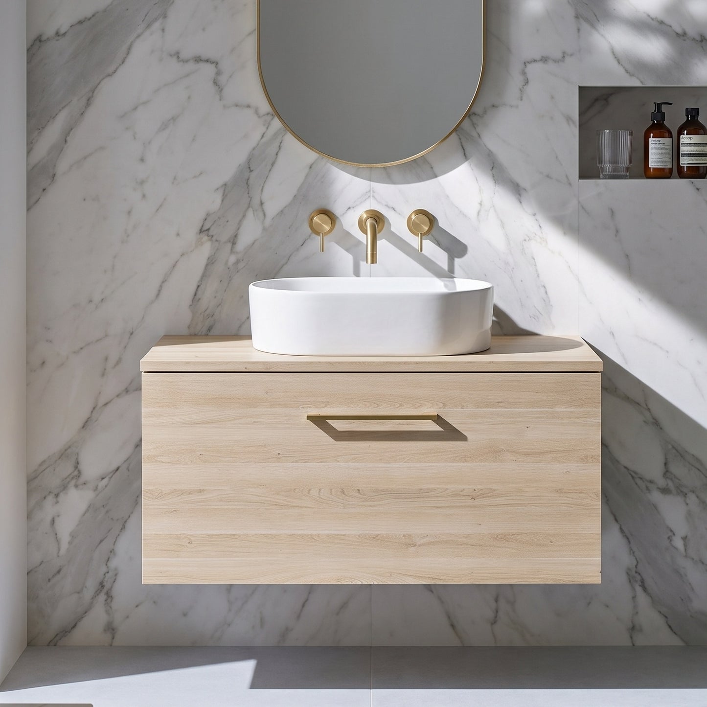 Fairford Aspri Bleached Oak 800mm 1 Drawer Wall Hung Vanity Unit with Worktop