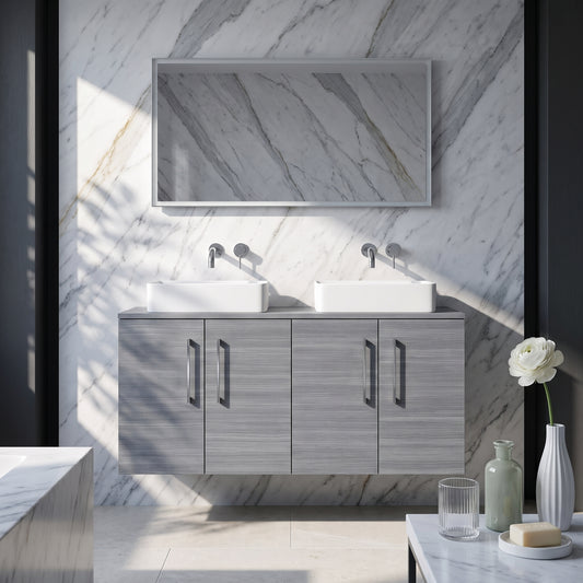 Fairford Aspri Grey Woodgrain 1200mm 4 Door Wall Hung Vanity Unit with Worktop