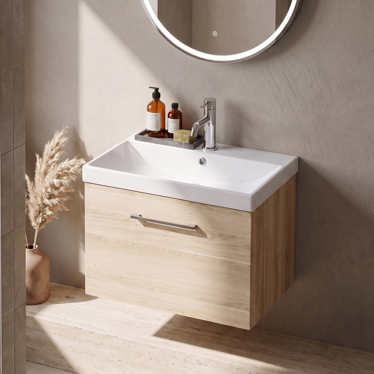 Fairford Aspri Bleached Oak 600mm 1 Drawer Wall Hung Vanity Unit