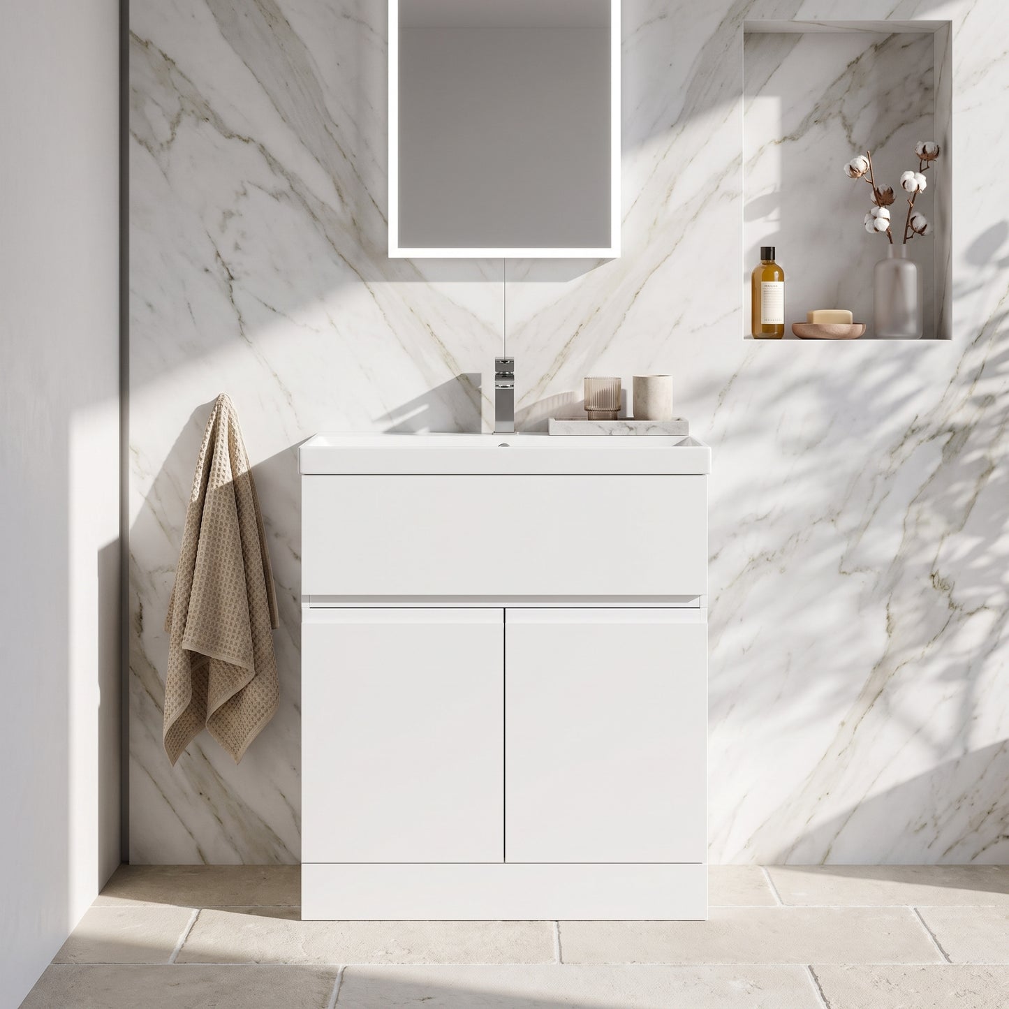 Fairford Finesse 800mm Satin White Floor Standing Vanity Unit, with Top Drawer