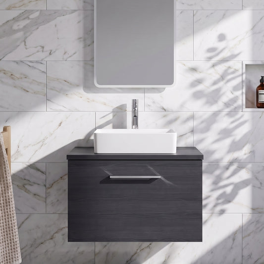 Fairford Aspri 600mm Charcoal Black Wall Hung Vanity Unit, MDF Charcoal Black Worktop